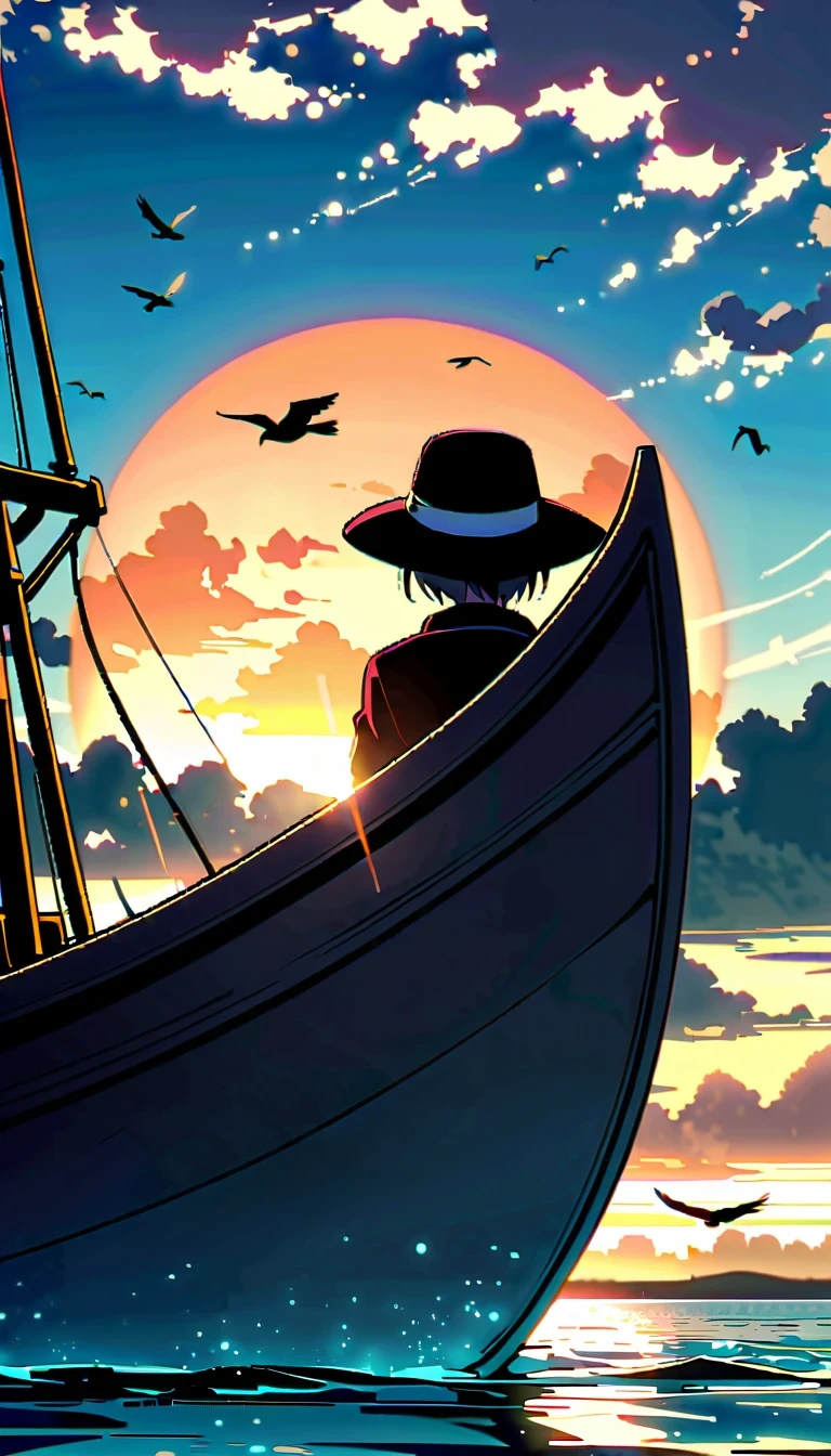 在這個動漫場景中，一位中國劍客坐在一艘古船的船頭上，他穿著黑色盔甲和帽子，頭靠在一隻手臂上。天空中巨大的太陽發出耀眼的光芒，雲朵呈現淡紫色和白色的漸變效果，營造出壯觀的日落場景。小船在平靜的水面上緩緩航行，遠處的建築被夕陽照亮，增添了神秘感。鳥兒在空中翱翔，為圖片添加動感。整體氣氛平和神秘，與自然合而為一、帶有藝術元素，呈現出既真實又超現實的場景。特寫構圖，角色和船舶對齊，景深。