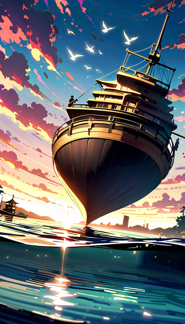 In this anime scene，A Chinese swordsman sits on the bow of an ancient ship，He wears black armor and hat，head resting on one arm。The huge sun in the sky shines brightly，The clouds show a gradient of lavender and white，Create a spectacular sunset scene。The boat sails slowly on the calm water，Buildings in the distance are illuminated by the setting sun，Adds a sense of mystery。Birds soar through the air，Add movement to the picture。The overall atmosphere is peaceful and mysterious，Be one with nature、with artistic elements，Presenting scenes that are both real and surreal。close-up composition，Character and ship alignment，depth of field。