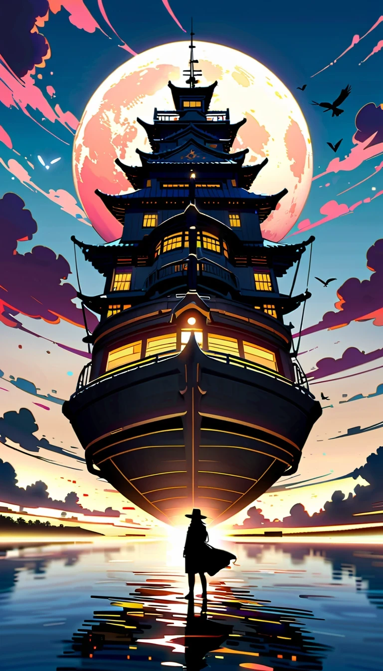 Dans cette scène d&#39;anime，Un épéiste chinois est assis sur la proue d&#39;un ancien navire，Il porte une armure et un chapeau noirs，tête posée sur un bras。L&#39;immense soleil dans le ciel brille de mille feux，Les nuages présentent un dégradé de lavande et de blanc，Créez une scène de coucher de soleil spectaculaire。Le bateau navigue lentement sur l&#39;eau calme，Les bâtiments au loin sont éclairés par le soleil couchant，Ajoute un sentiment de mystère。Les oiseaux volent dans les airs，Ajouter du mouvement à l&#39;image。L&#39;atmosphère générale est paisible et mystérieuse，Ne faites qu&#39;un avec la nature、avec des éléments artistiques，Présenter des scènes à la fois réelles et surréalistes。composition en gros plan，Alignement des personnages et des navires，profondeur de champ。