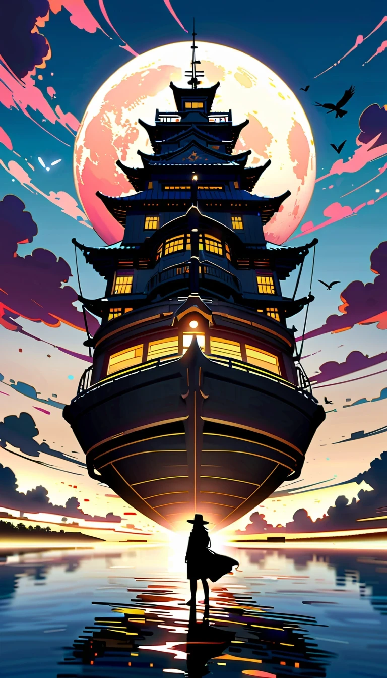 Nesta cena de anime，Um espadachim chinês senta-se na proa de um antigo navio，Ele usa armadura preta e chapéu，cabeça apoiada em um braço。O enorme sol no céu brilha intensamente，As nuvens mostram um gradiente de lavanda e branco，Crie uma cena espetacular do pôr do sol。O barco navega lentamente nas águas calmas，Prédios distantes são iluminados pelo sol poente，Adiciona uma sensação de mistério。Os pássaros voam pelo ar，Adicione movimento à imagem。A atmosfera geral é pacífica e misteriosa，Seja um com a natureza、com elementos artísticos，Apresentando cenas reais e surreais。Composição em close，Alinhamento de personagem e navio，profundidade de campo。