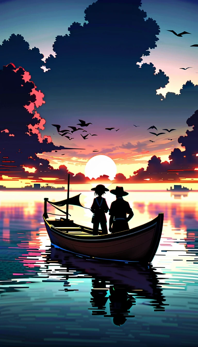 在这个动画场景中，一名中国剑客坐在一艘古船的船头，他穿着黑色的盔甲和帽子，头靠在一只手臂上。天空中巨大的太阳明亮地闪耀，云朵呈现出淡紫色和白色的渐变色，创造壮观的日落场景。小船在平静的水面上缓慢行驶，远处的建筑被夕阳照亮，增添神秘感。鸟儿在空中翱翔，为图片添加动感。整体氛围宁静而神秘，与自然融为一体、带有艺术元素，呈现既真实又超现实的场景。特写构图，角色和船舶排列，景深。