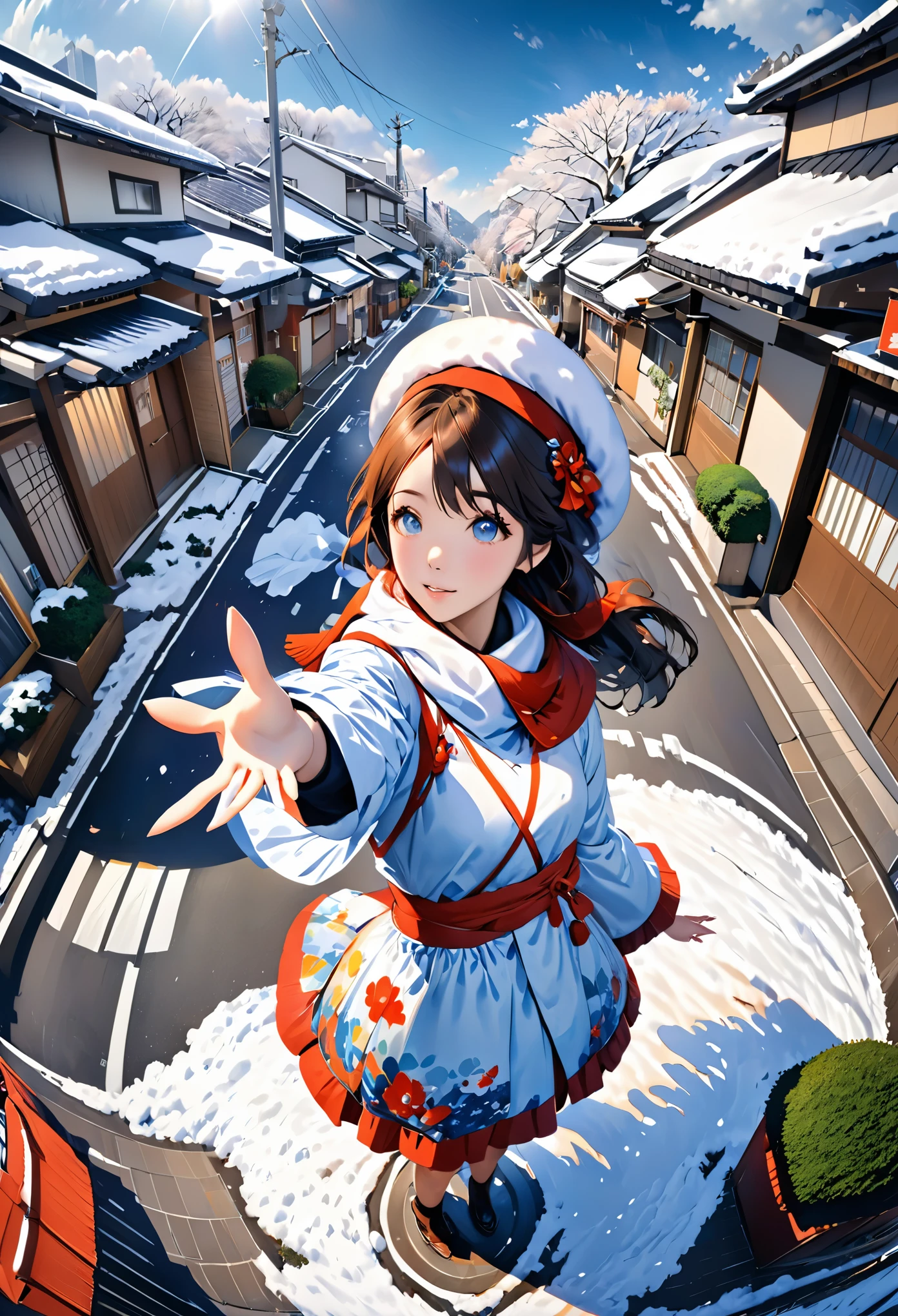 1girl,Exaggerated perspective , ultra wide shot,reaching out hand,foreshortening, on the tokyo street, realistic, highres, female focus, solo,snowy day, scarf, hat, flying snow,fish-eye len,fish eye angle