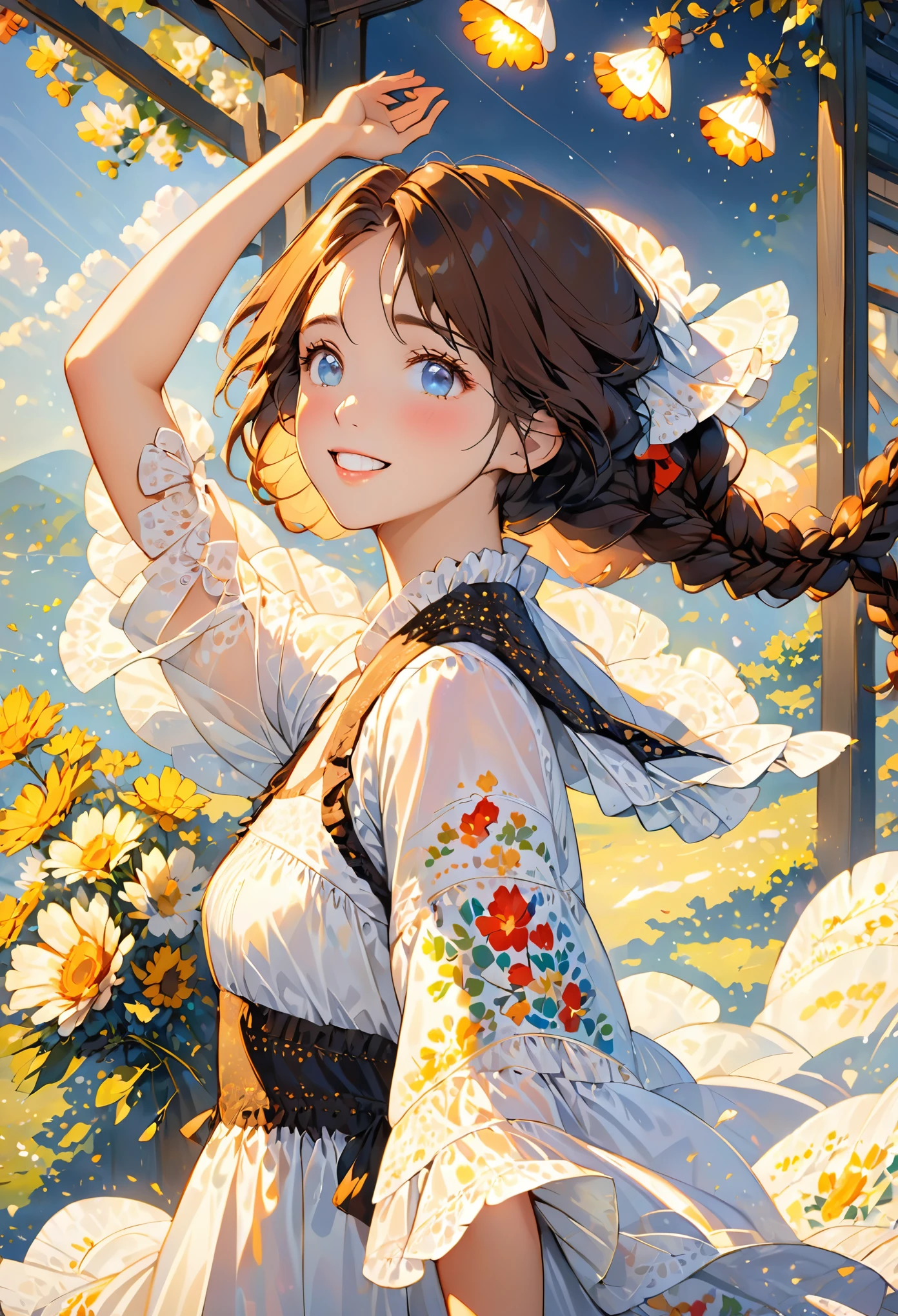 superb masterpiece, Upper body, (aldult: 1.6) hungarian woman, (giggle: 0.4), Arms behind head, golden braids, Bright Eyes, victorian sundress, floating light particles, center, Add facial details