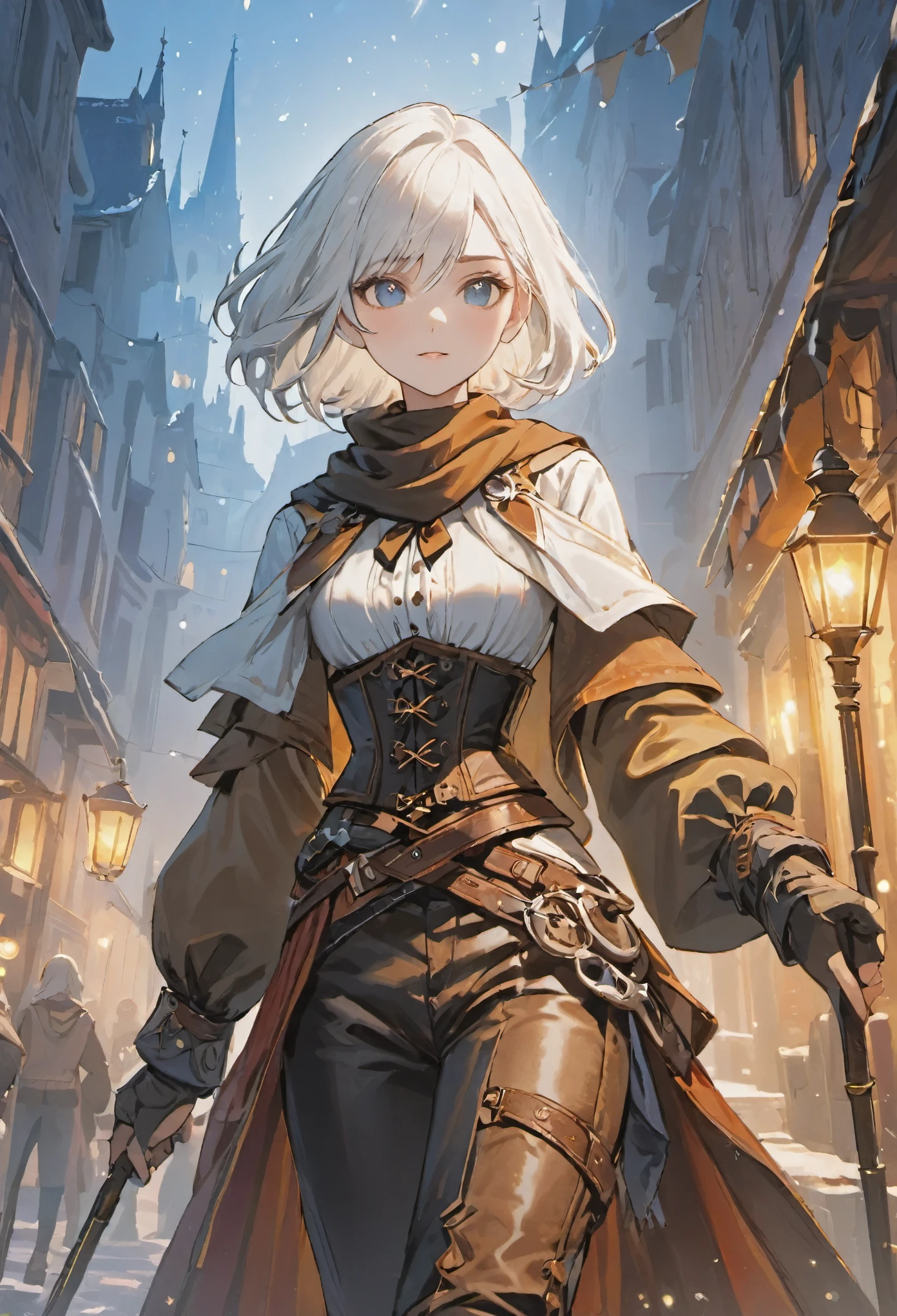((medium white hair)), sparkling pure white hair, female adventurer, game art style, (masterpiece), (colorful clothing), scarves, leather belts, half skirt over pants and boots, flowing blouse and leather corset, best quality, highres, 4k, 8k, Detailed Illustration, intricate detail, cinematic lighting, amazing quality, 1girl, fit female, amazing shading, soft lighting, facing camera, perfect eyes