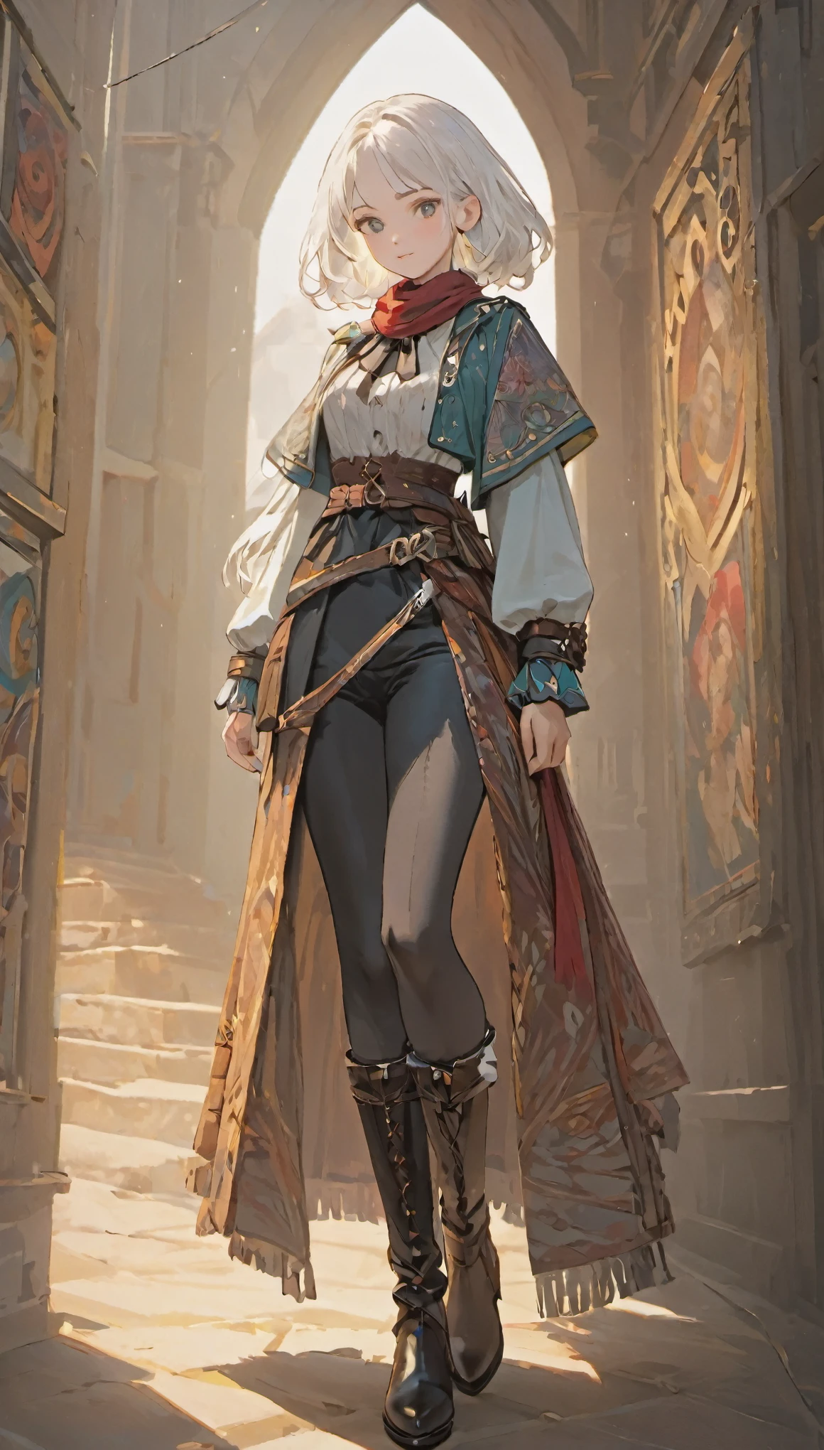 (white hair), multicolor patterned clothing, colorful clothing, female adventurer, game art style, (masterpiece 1:5),  colorful clothing 1:2, scarves, leather belts, half skirt over pants and boots, flowing blouse and leather corset, best quality, highres, 4k, 8k, Detailed Illustration, intricate detail, cinematic lighting, amazing quality, 1girl, fit female, amazing shading, soft lighting, facing camera, perfect eyes