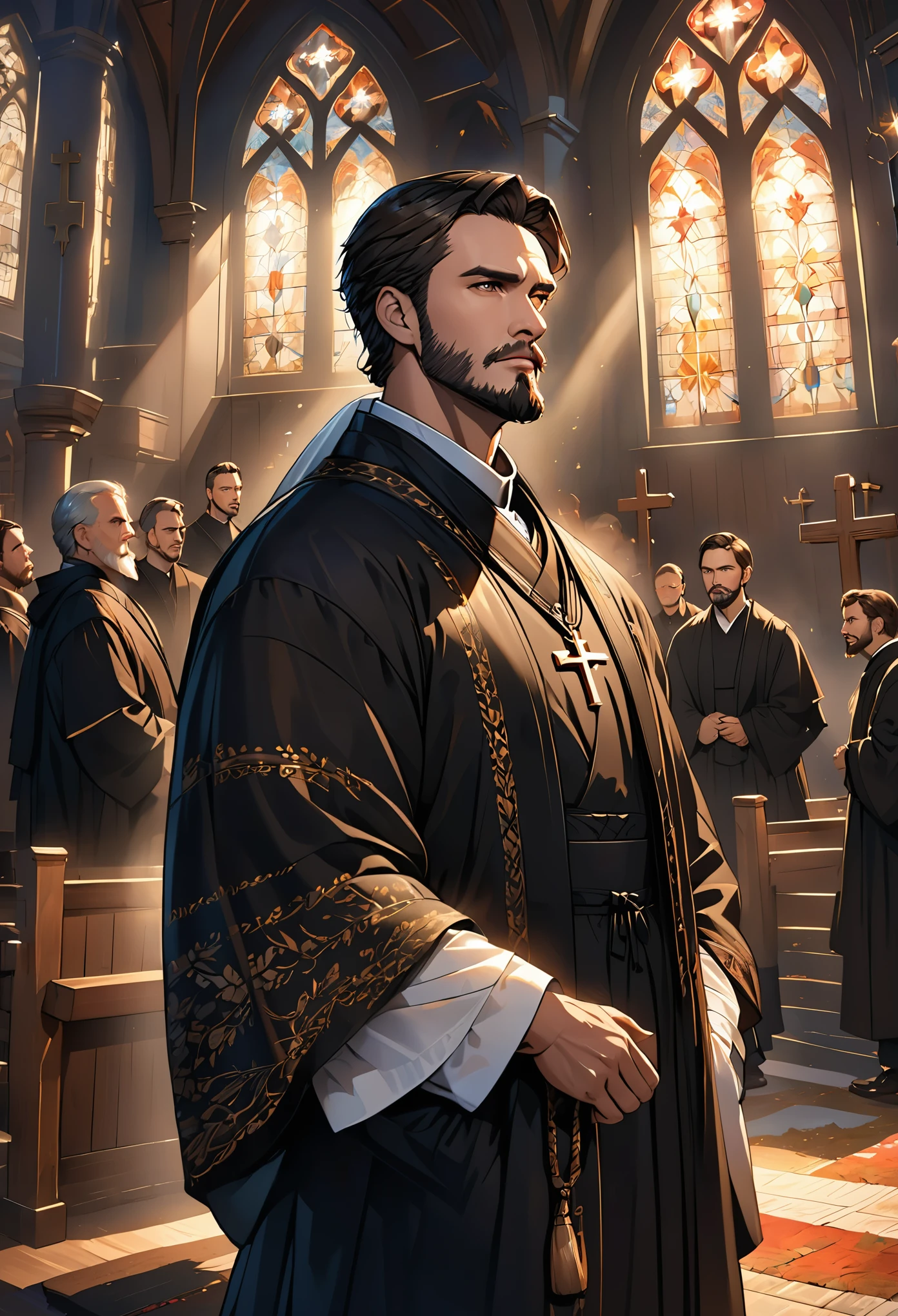 Male pastor, Martin Luther, black robe, older, handsome gentleman, beard, brown hair, Cross necklace, religion, church in background, dramatic lighting, movie angle, ultra high definition, masterpiece, Very detailed