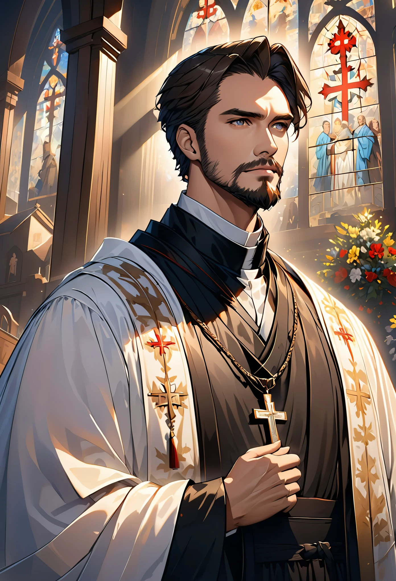 Male pastor, Martin Luther, black robe, older, handsome gentleman, beard, brown hair, Cross necklace, religion, church in background, dramatic lighting, movie angle, ultra high definition, masterpiece, Very detailed