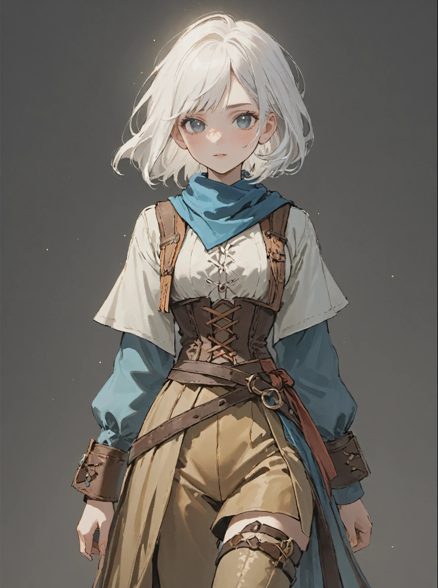 ((sparkling white hair)), white hair, female adventurer, game art style, (masterpiece),  (muted colorful clothing), scarves, leather belts, half skirt over pants and boots, flowing blouse and leather corset, best quality, highres, 4k, 8k, Detailed Illustration, intricate detail, cinematic lighting, amazing quality, 1girl, fit female, amazing shading, soft lighting, facing camera