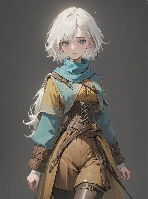 ((sparkling white hair)), white hair, female adventurer, game art style, (masterpiece),  (muted colorful clothing), scarves, lea...