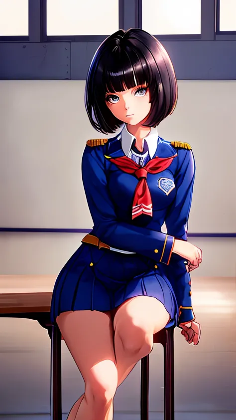 beautiful girl, highschool student, sitting at class, full body, big eyes, short hair and bangs, uniform,