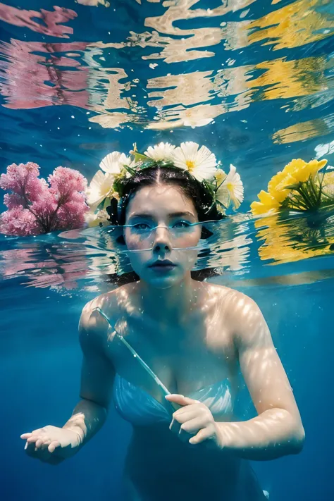 a woman in a white towel under water with flowers,colorful, sea of flower, submerged in water, floathing underwater in a lake, u...