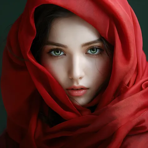 allard woman in red scarf and green eyes looking at camera, portrait photo of a beautiful, red scarf, dressed in a beautiful red...