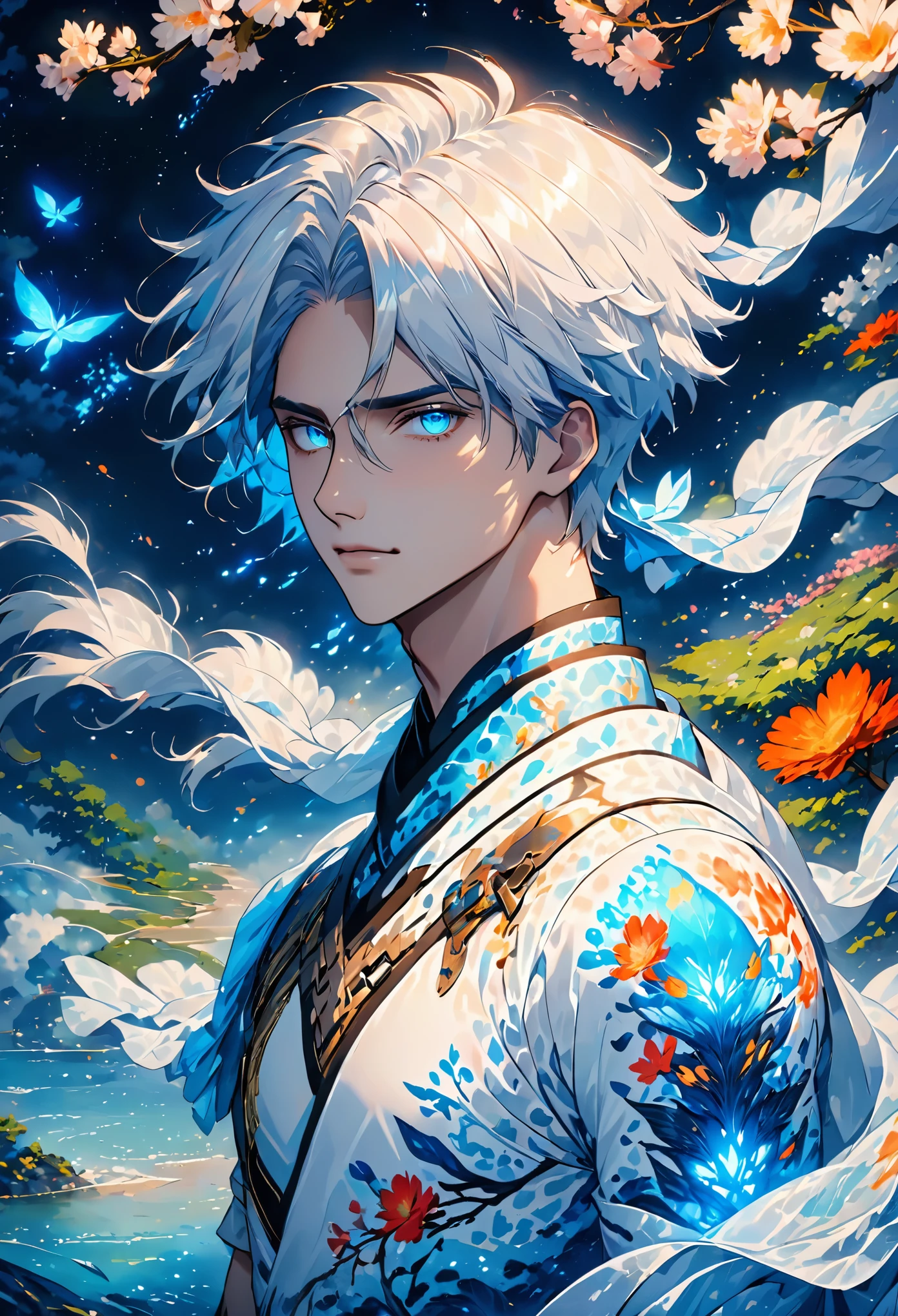  (extreamly delicate and beautiful:1.2), 8K, (tmasterpiece, best:1.2), (MALE:1.5) masterpiece, best quality, (detailed:1.3) halfnaked body with pale skin and (long_white_hair:1.4). All of his pale skin there are (blue_glowing_tattoes:1.5), on face, on body. (MAGICAL_BIOLUMINESCENT_TATTOOES:1.5) Naked upper body, paleblue colour dominating, cloudy night, sharp focus, highly detailed, Magical Fantasy style,GlowingRunesAI_blue,,bioluminescent fbpz body paint,Eren_jaeger_face,4rmorbre4k,GlowingRunesAI_blue