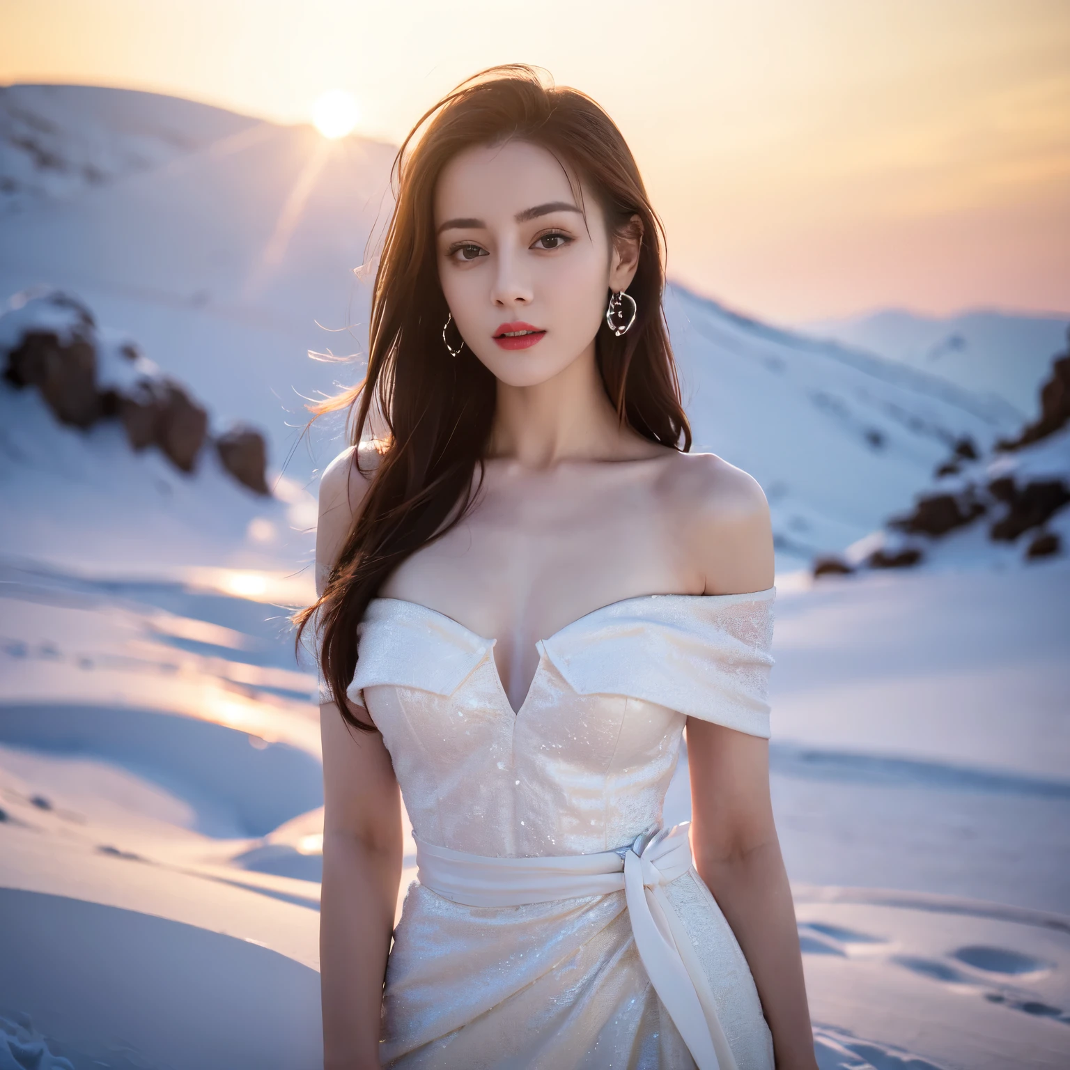 ((top quality、8k、​Masterpiece:1.3))、Extremely delicate and beautiful girl，full-body shot，huge breasts，bigger breasts，amazing breast size，G cup。Wear big earrings，Very white skin，moist red lips，Waist is very thin，Thighs are very thin，big butt，fair and smooth skin，Smooth and fair skin，flawless skin，Fair and shiny skin，cold white skin，The camera focuses on the chest，Bright light，White tube top dress，bare shoulders，gray hair，and the hair is gray，heavy snow，snow mountain，sunset，Rizhao Jinshan