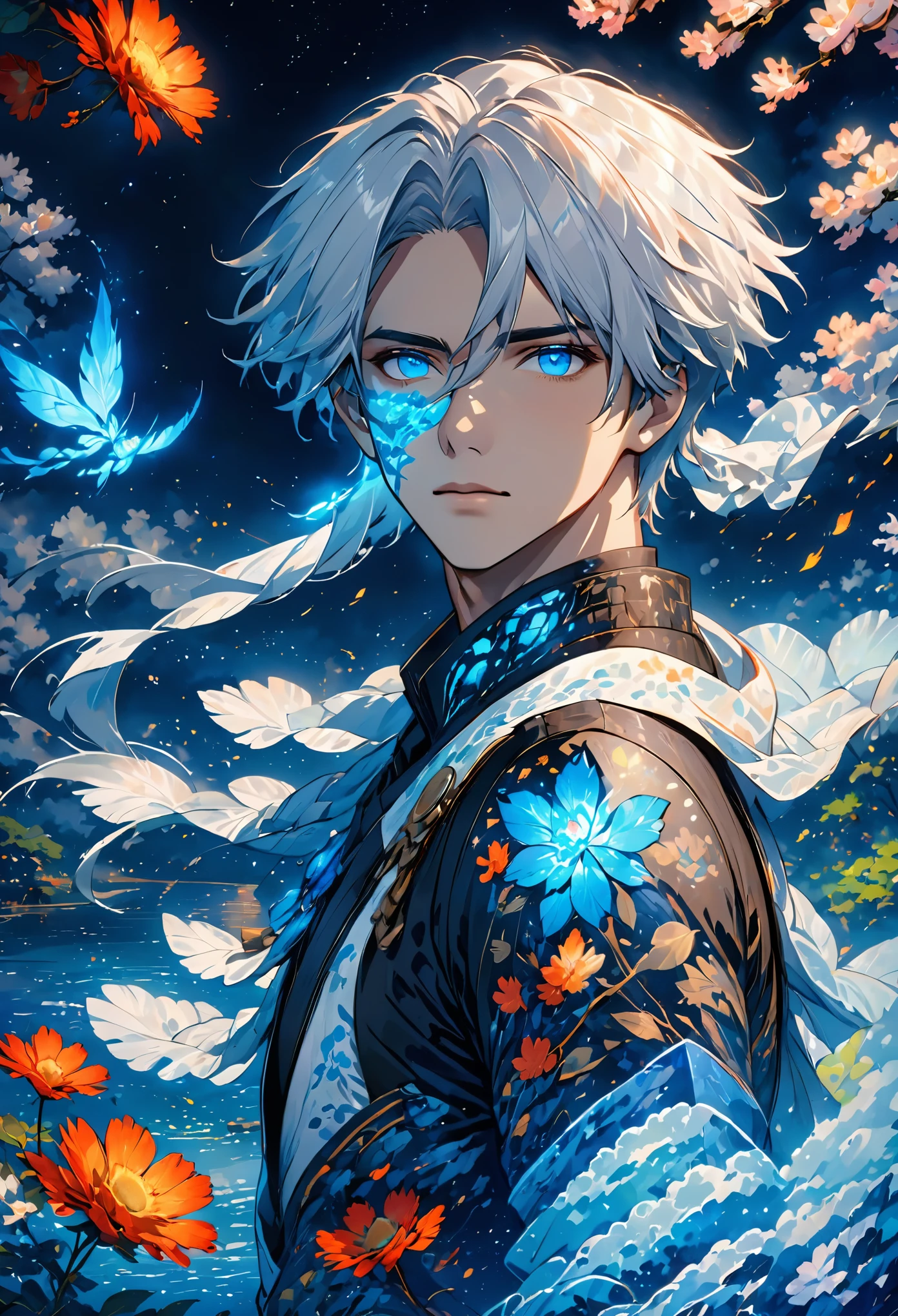  (extreamly delicate and beautiful:1.2), 8K, (tmasterpiece, best:1.2), (MALE:1.5) masterpiece, best quality, (detailed:1.3) halfnaked body with pale skin and (long_white_hair:1.4). All of his pale skin there are (blue_glowing_tattoes:1.5), on face, on body. (MAGICAL_BIOLUMINESCENT_TATTOOES:1.5) Naked upper body, paleblue colour dominating, cloudy night, sharp focus, highly detailed, Magical Fantasy style,GlowingRunesAI_blue,,bioluminescent fbpz body paint,Eren_jaeger_face,4rmorbre4k,GlowingRunesAI_blue