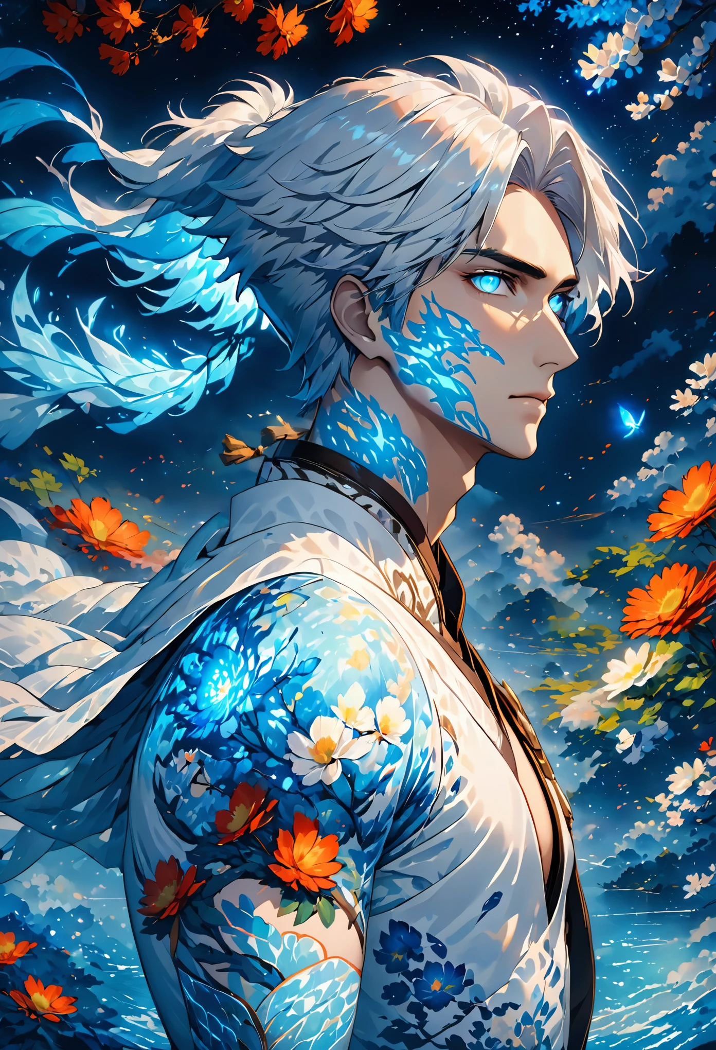  (extreamly delicate and beautiful:1.2), 8K, (tmasterpiece, best:1.2), (MALE:1.5) masterpiece, best quality, (detailed:1.3) halfnaked body with pale skin and (long_white_hair:1.4). All of his pale skin there are (blue_glowing_tattoes:1.5), on face, on body. (MAGICAL_BIOLUMINESCENT_TATTOOES:1.5) Naked upper body, paleblue colour dominating, cloudy night, sharp focus, highly detailed, Magical Fantasy style,GlowingRunesAI_blue,,bioluminescent fbpz body paint,Eren_jaeger_face,4rmorbre4k,GlowingRunesAI_blue