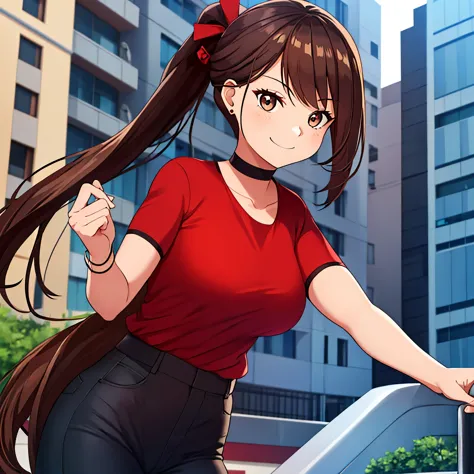 A woman wearing a red shirt, tight black jeans, long brown hair, ponytail hair brown eyes big breasts, smiling in a city at day....