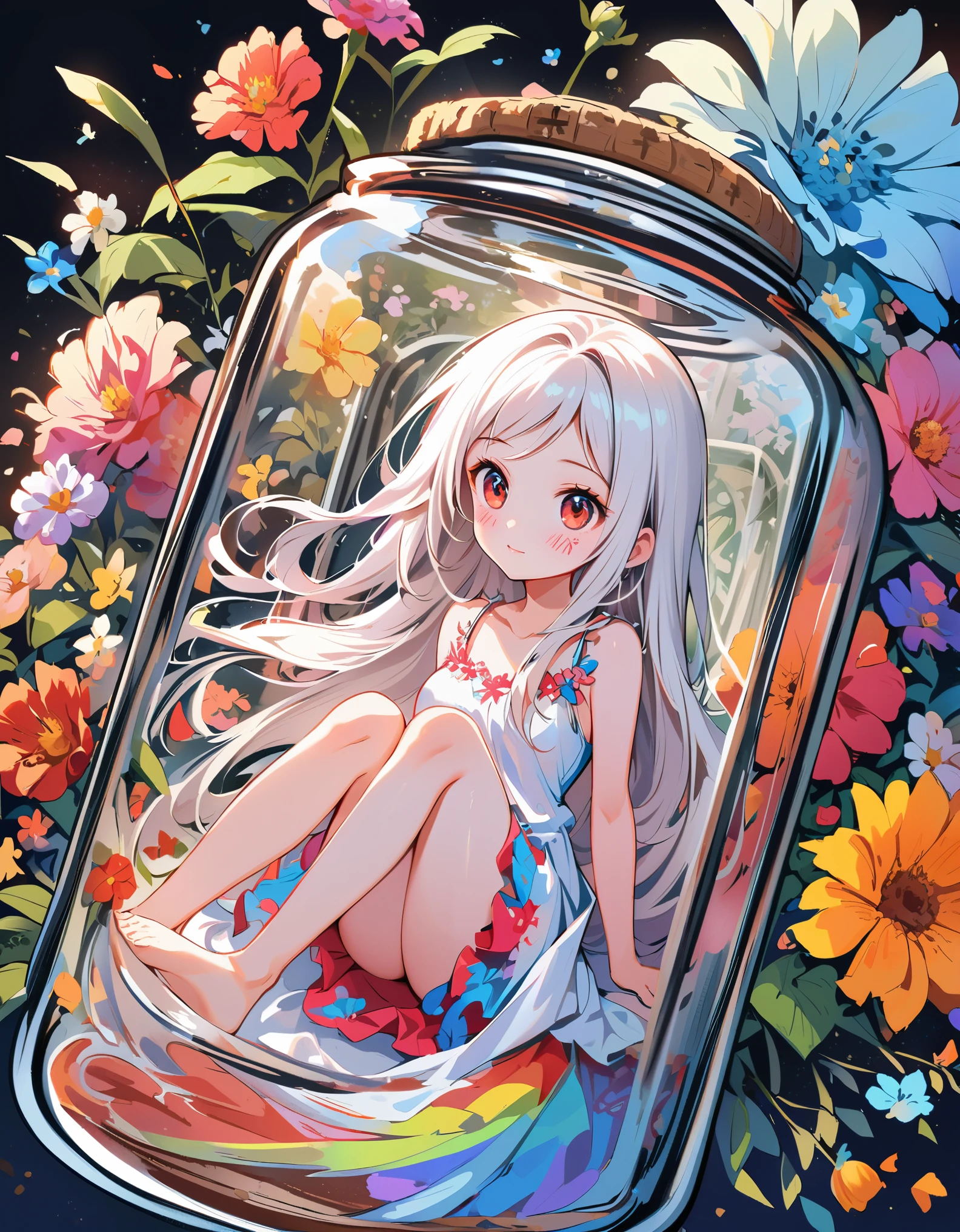 (masterpiece), (best quality), illustration, ultra detailed, hdr, Depth of field, (colorful), loli,(flowers background:1.45),(transparent background:1.3)(an extremely delicate and beautiful girl inside of glass jar:1.2), (glass jar:1.35),(solo:1.2), (full body), (beautiful detailed eyes, beautiful detailed face:1.3), (sitting ), (very long silky hair, float white hair:1.15), (medium_breasts, tally and skinny:1.2), (Colorful dress:1.3), (extremely detailed lace:0.3), (insanely detailed frills:0.3),(hairband , orange hair_ornament:1.25),orange cans,water surface,full body,(bottle filled with orange water,bottle filled with Fanta:1.25), (many fruits in jar, many Sliced_fruits in jar:1.25), (many bubbles:1.25),