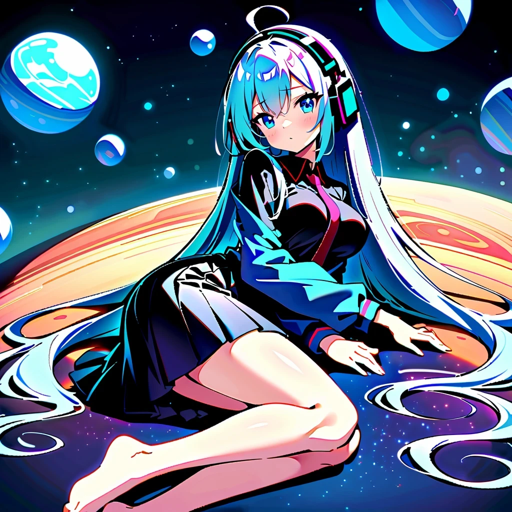 masterpiece，4K，UFO art style，Pixiv Contest Winner Element，Hatsune Miku&#39;Scenes，Long silver hair，Wearing alternating black and purple clothes，glowing with an enigmatic aura，Lying on an alien planet，The background is a glowing sphere，Create a zero-gravity atmosphere at night，Fusion of celestial and cosmic elements，Enhance the sense of science fiction and the future。