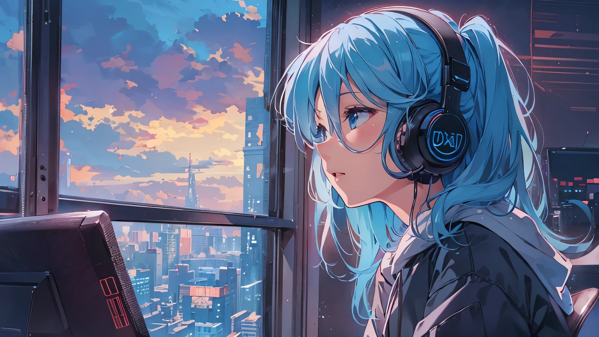 Room on the top floor of a skyscraper　Woman operating a computer、sit on a chair　blue hair、blue eyed girl、The blue sky spreads out from the large windows、Profile of a woman looking out the window。woman is wearing headphones 4k, sad,、Bowater&#39;s art style、beautiful digital illustrations、beautiful character painting、Stunning Anime Face Portrait Mikudayo, official artwork, lofi girl, praise art style,, halfbeak, anime atmosphere, Anime style mixed with Fujifilm, digital anime illustration, anime wallpaper 4k　Girl with headphones Blue haired woman　put on headphones;　At the desk　look at computer　girl&#39;s profile　details　high resolution　high quality　beautiful realistic sky