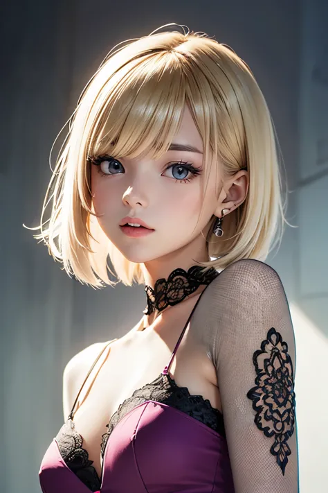 absurdres, highres, ultra detailed, (1girl:1.3),(medium breasts), bangs, ((one sidecut layered bob)), (blonde hair with pink mes...