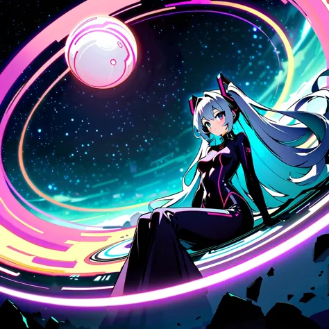 masterpiece，4K，UFO art style，Pixiv Contest Winner Element，Hatsune Miku&#39;Scenes，Long silver hair，Wearing alternating black and...