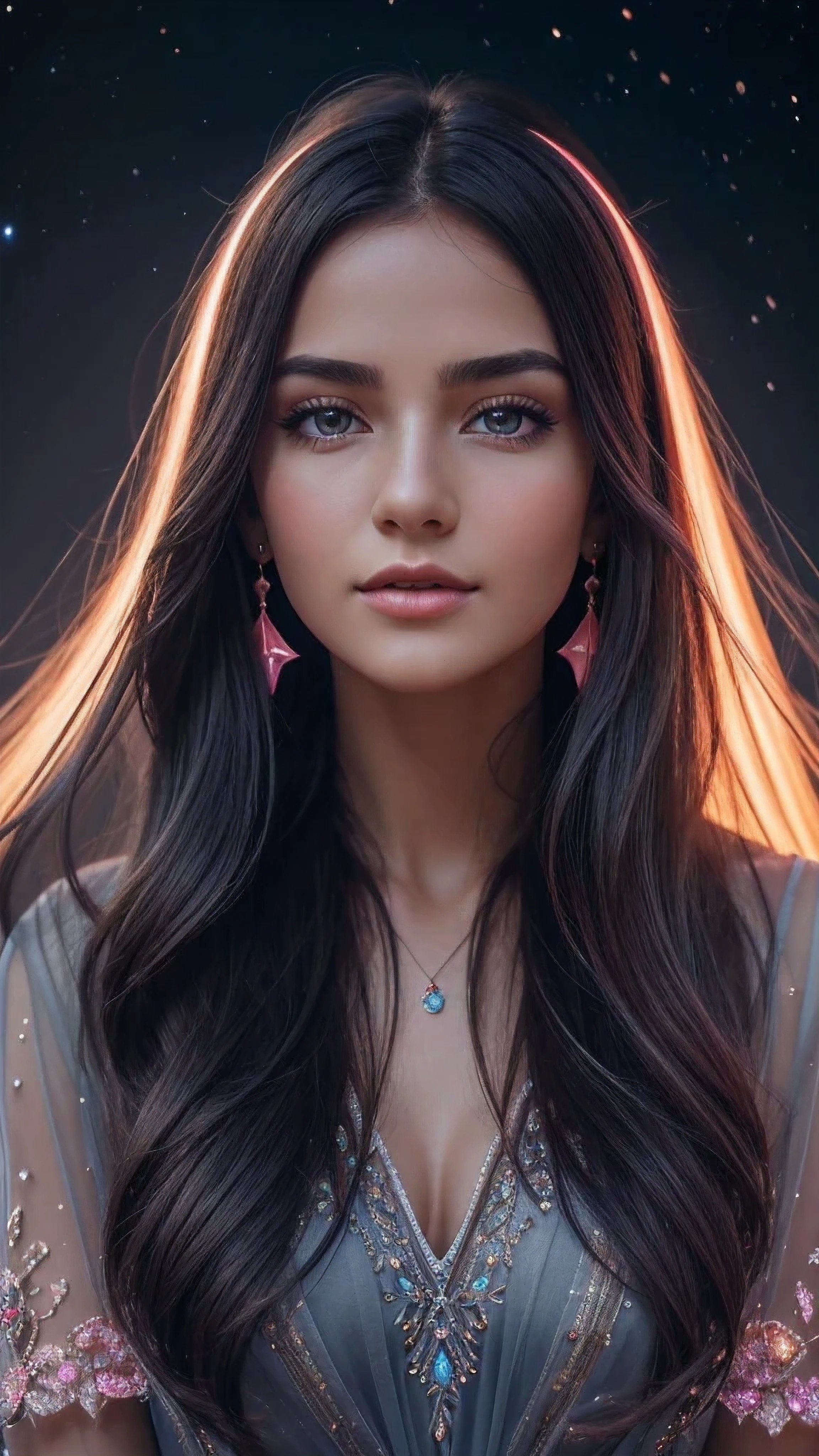 Beautiful realistic girl with blue long hair in the fog,deep atmosphere ,Close-up of clean skin with detailed skin ,full length,in black tights and a pink blouse ,on an orange background ,Against the background of the starry sky,Bright makeup,EARRINGS WITH GLITTERS,two-leaf gray flower,полупрозрачный крапчаYouй двулистный серый,Bioluminescent - Ultra High Quality 8K Music Equalizer, Youсокий страст, Rich colors, Soft light, Super detailed photos. ultra high quality 8K, Youсокий страст, Noise reduction, яркие Rich colors.. high quality, 8k Ultra HD, Youсокий страстhigh quality,мягкие close focus,very beautiful flower, translucent red lily of the valley with dew drop flower, bioluminescent flower glows and shimmers, he grows in a mysterious forest, shrouded in mystery, Сверхhigh quality 8k, Youсокий контраст т, Rich colors, Soft light, Ultra-detailed photos. Сверхhigh quality 8k, Youсокий страст, Noise reduction, bright Rich colors.. high quality, 8k Ultra HD, You