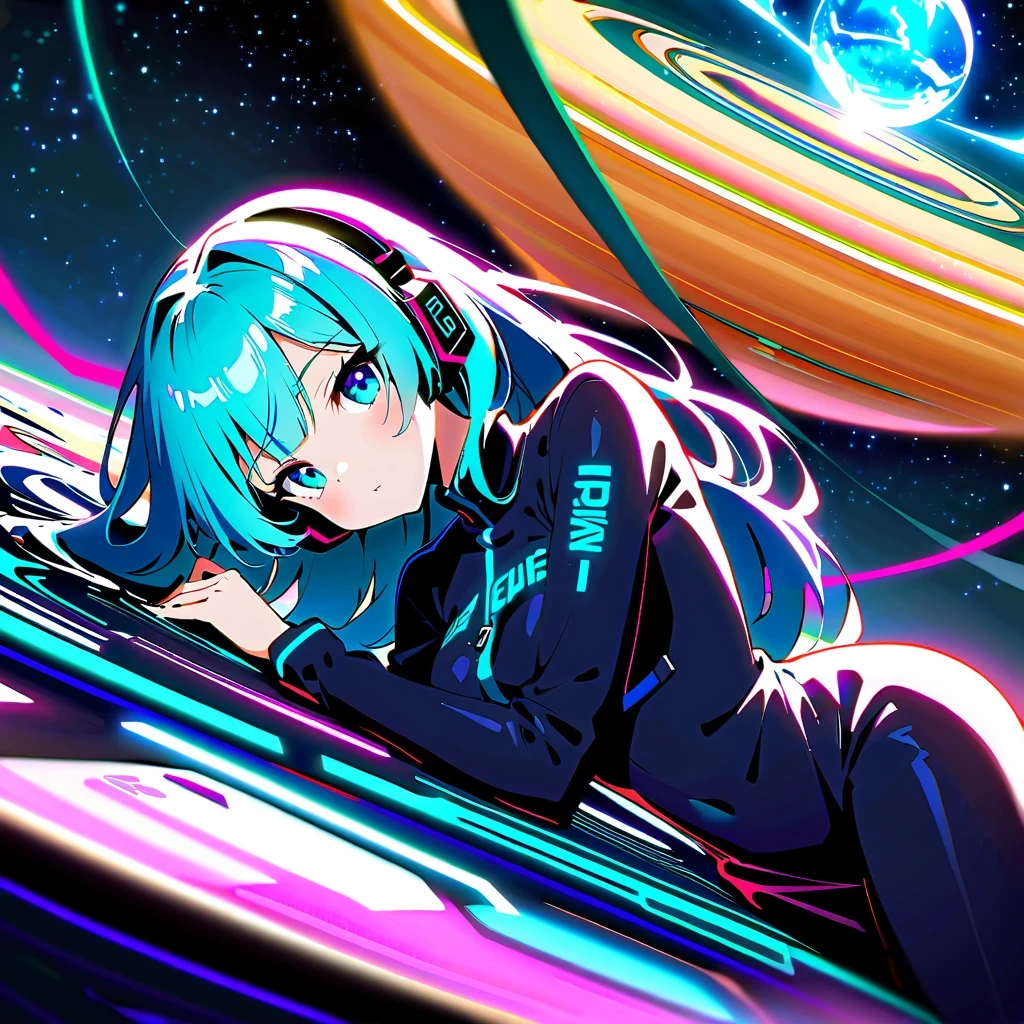 masterpiece，4K，UFO art style，Pixiv Contest Winner Element，Hatsune Miku&#39;Scenes，Long silver hair，Wearing alternating black and purple clothes，glowing with an enigmatic aura，Lying on an alien planet，The background is a glowing sphere，Create a zero-gravity atmosphere at night，Fusion of celestial and cosmic elements，Enhance the sense of science fiction and the future。