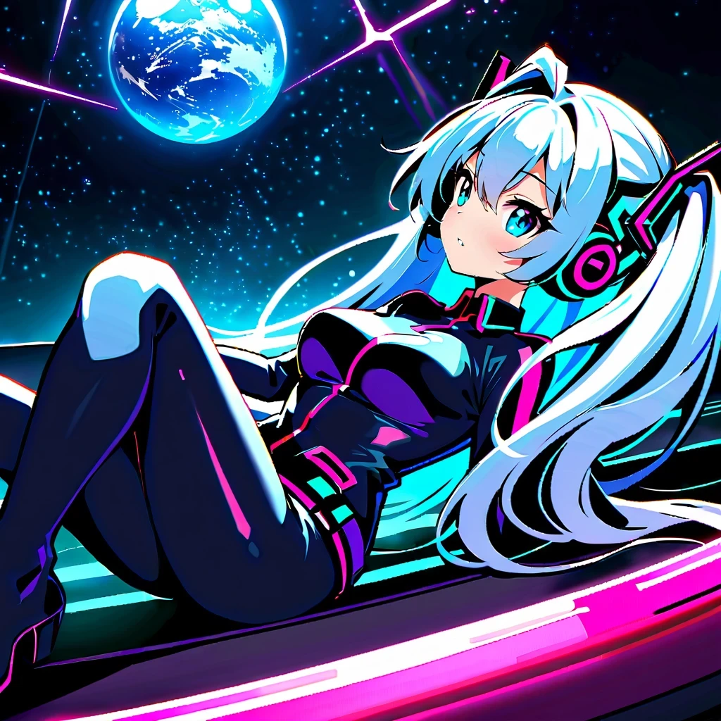 masterpiece，4K，UFO art style，Pixiv Contest Winner Element，Hatsune Miku&#39;Scenes，Long silver hair，Wearing alternating black and purple clothes，glowing with an enigmatic aura，Lying on an alien planet，The background is a glowing sphere，Create a zero-gravity atmosphere at night，Fusion of celestial and cosmic elements，Enhance the sense of science fiction and the future。