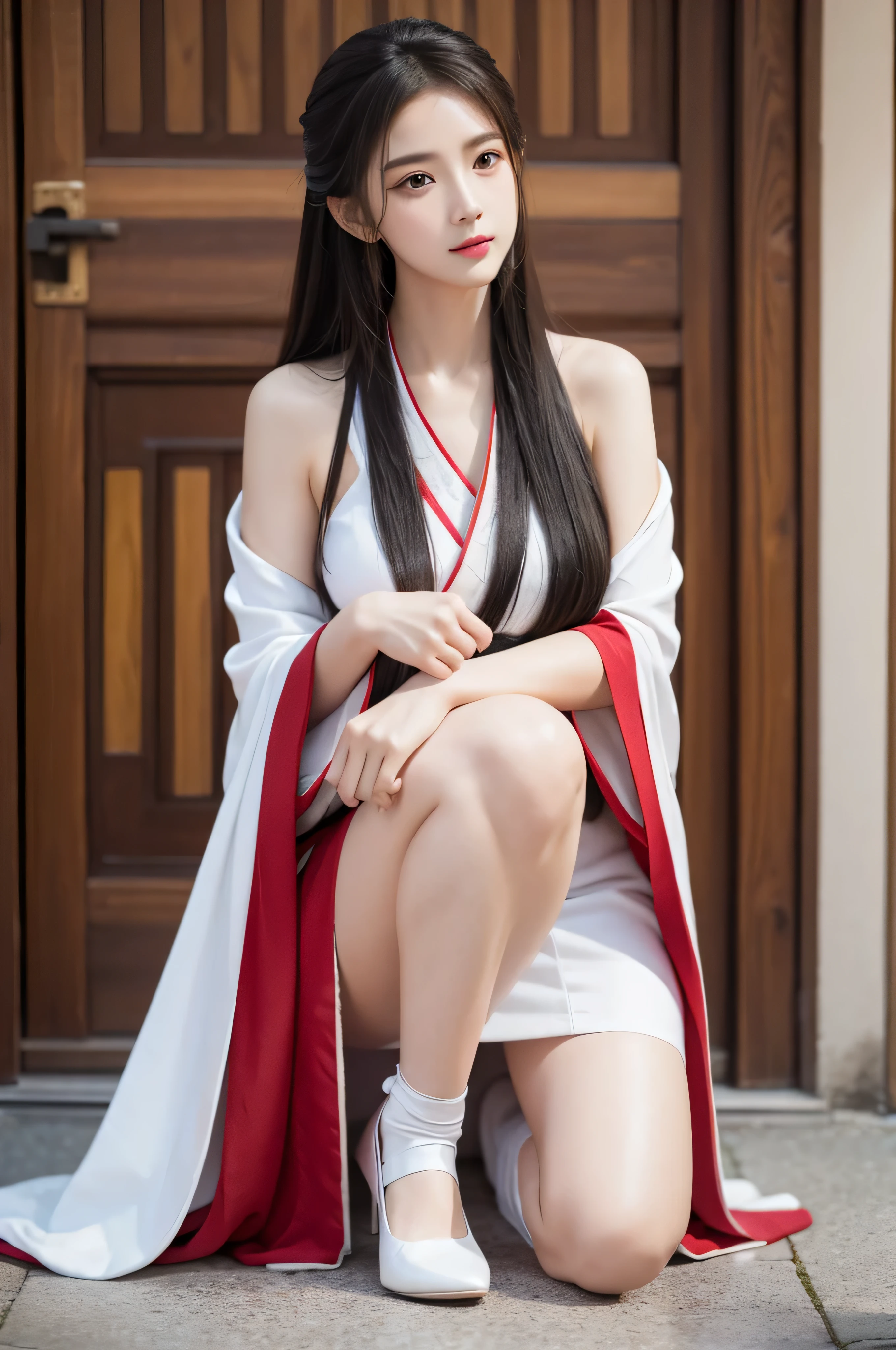 Fair, masterpiece, best quality, extremely detailed face,1 girl, alone，wrap your chest，hanfu，white stockings，kneeling position，Dancing shoes