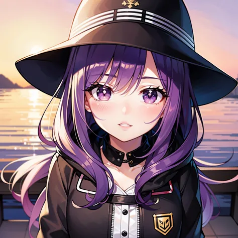 ((1girl, solo)), purple hair, long hair, purple eyes, grey, +_+, long sleeves, smile, (((parted lips))), hood down, (badge on ha...