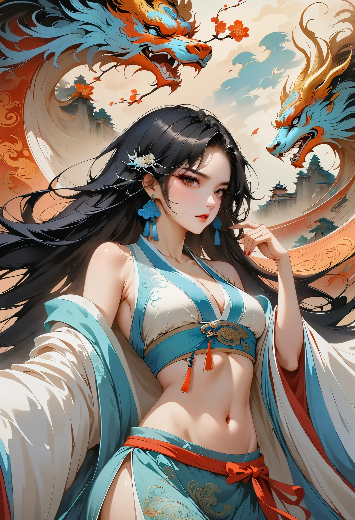 official art, unified 8k wallpaper, Super detailed, Beautiful and beautiful, masterpiece, best quality, (Zentangle, dispute, twist), (fractal art: 1.4), 1 girl, weapons in hand, black hair, China人, bare shoulders, short skirt, calf, navel, Very detailed, dynamic angle, cowboy shooting, (The most beautiful form of chaos), ethereal, (bright colors), Oak, (half: 1.2), China, (Thangka Feitian: 1.5), (ribbon: 1.3), (Dream: 1.5), (hanfu: 1.5), China人 dragon, (Smile: 0.5), (China人 deity), normal facial features, normal finger