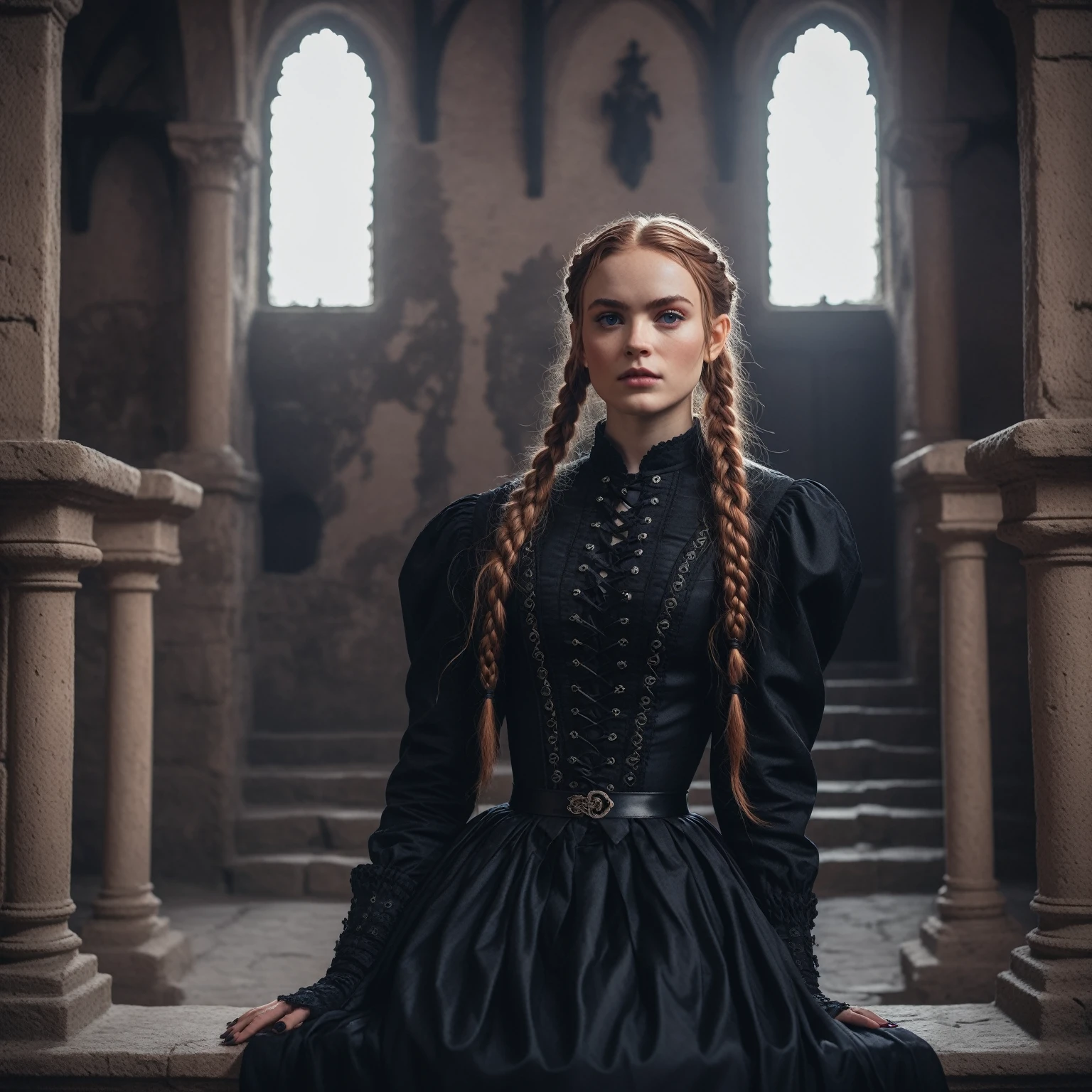 cinematic photo of (ohwx woman) as Wednesday Adamas, wearing gothic clothes, braided pigtails, in a castle, sharp focus, looking at the camera, makeup, cinematic look,  realistic, sharp focus,  professional, 4k, highly detailed