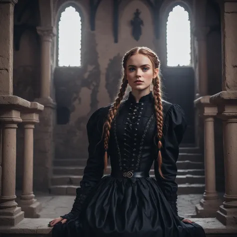 cinematic photo of (ohwx woman) as wednesday adamas, wearing gothic clothes, braided pigtails, in a castle, sharp focus, looking...