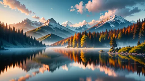 game cg,highest picture quality,masterpiece,(there was a misty forest by the lake, and the water reflected the forest mountains)...