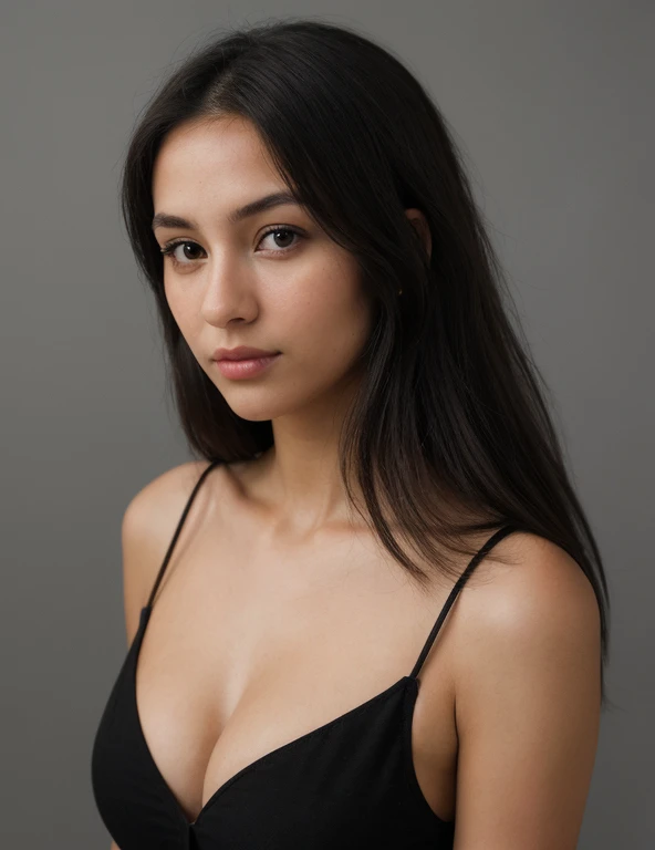 ((head to shoulders)) portrait of (sks woman), shirt, centerfold, focus on the eyes, model shoot, photograph, intricate background, (wide view, simple black background, sharp outlines:1.2), natural skin tones