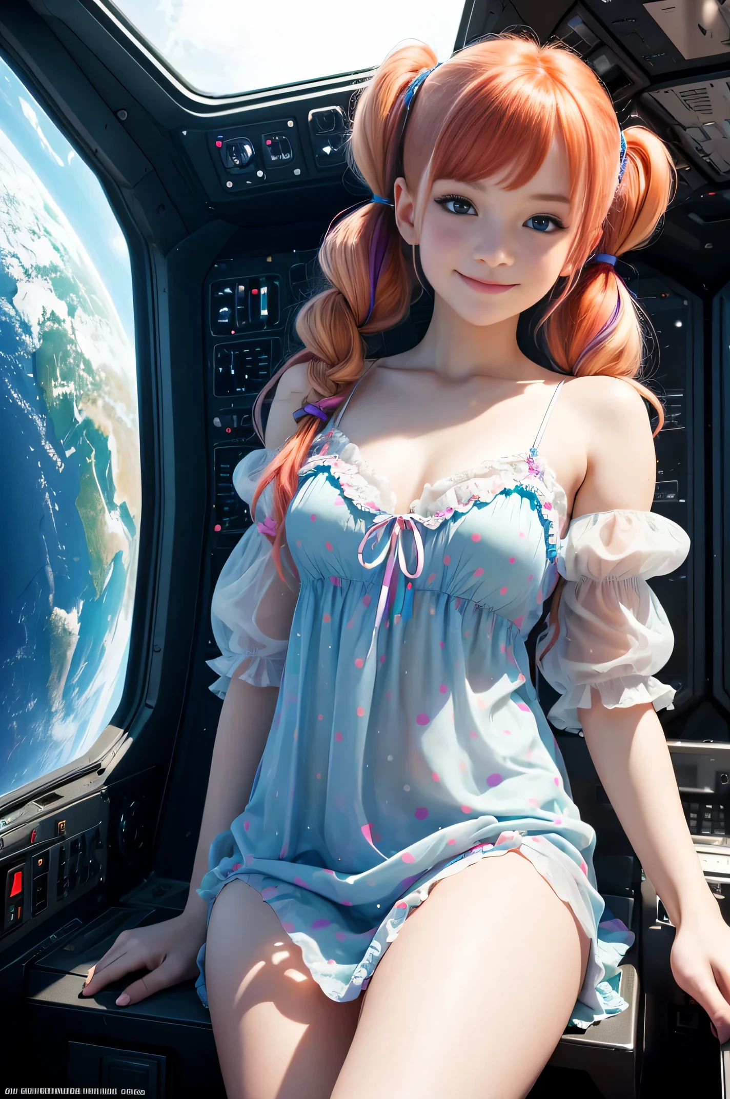 Best Quality, Masterpiece, 8k, RAW (overhead view) Cute redhead with rainbow colored hair tips, ribbons in her hair, 18-year-old woman, happy, smiling, in twin tails, perfect eyes, clear sparkling blue eyes, pale skin, silky smooth skin, flying a fancy metal luxurious space ship, futuristic cockpit, she's a pilot, outer space seen in windows, dark warm lighting, wearing a sheer, see though, pleated (chemise) nightgown (pastel rainbow colors, and polka dots), puffy sleeves.