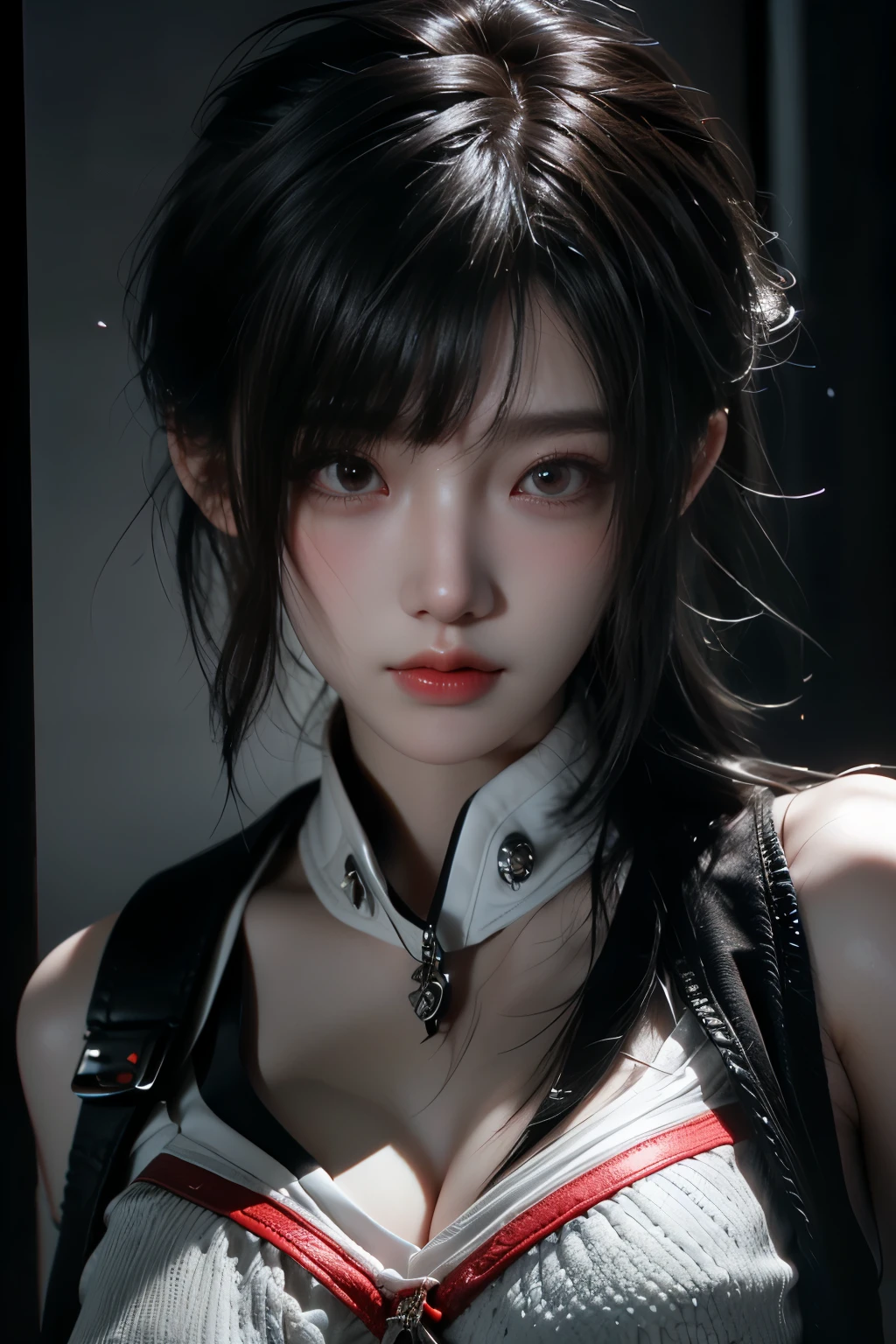 Masterpiece,Game art,The best picture quality,Highest resolution,8K,(A bust photograph),(Portrait),(Head close-up),(Rule of thirds),Unreal Engine 5 rendering works,
20 year old girl,Short hair details,With long bangs,(white hair),red eyes,Elegant and elegant,(Large, full breasts),(Wearing a white coat,Red suspender underwear),shut your mouth,serious yet charming,(scholar),photo poses,Sci-fi style laboratory,white room,
Movie lights，Ray tracing，Game CG，((3D Unreal Engine))，OC rendering reflection pattern