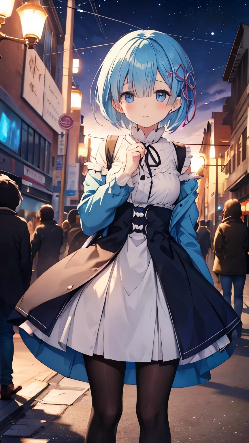 Rem from Re:Zero、light blue hair、shortcut, To tell, Casual cute dress, Cast a spell on the stars in the middle of the city at midnight, panorama, landscape、black pantyhose