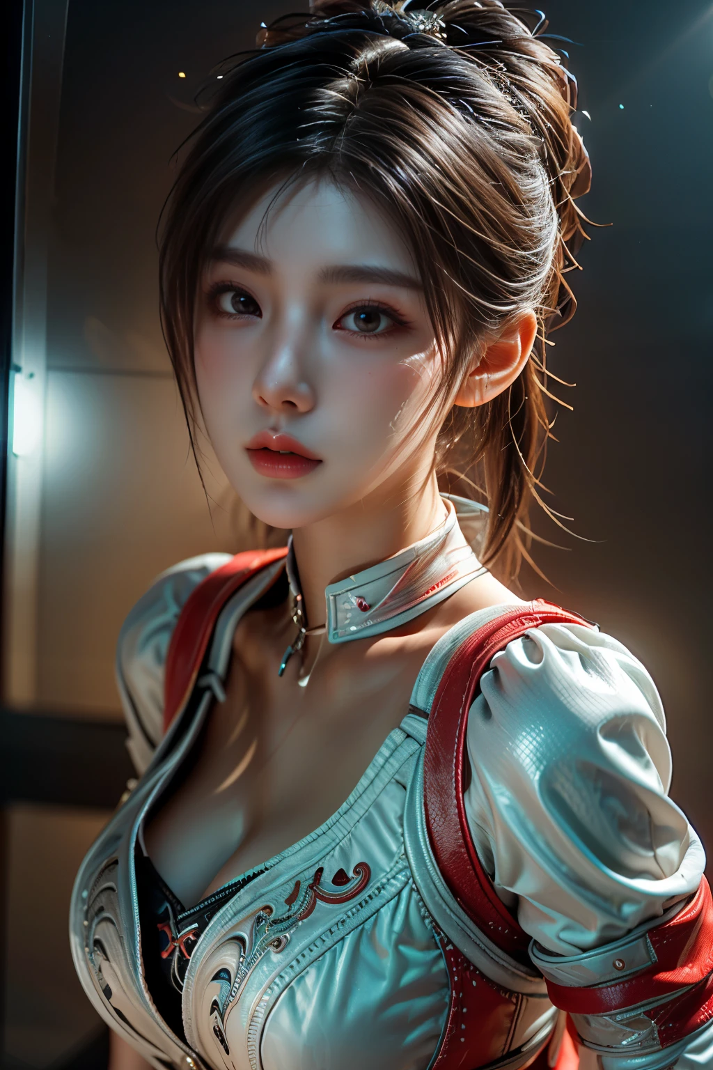 obra maestra,arte del juego,La mejor calidad de imagen,resolución más alta,8K,(Una fotografía de busto),(Retrato),(primer plano de la cabeza),(Regla de los tercios),El renderizado de Unreal Engine 5 funciona,
chica de 20 años,Detalles del pelo corto,con flequillo largo,(pelo blanco),ojos rojos,Elegante y elegante,(grande, pechos llenos),(Vistiendo una bata blanca,Ropa interior con tirantes rojos),Cierra el pico,serious yet charming,(erudito),Poses para fotos,Laboratorio de estilo ciencia ficción.,Habitación blanca,
luces de película，trazado de rayos，juego cg，((Motor irreal 3D))，Patrón de reflexión de renderizado OC