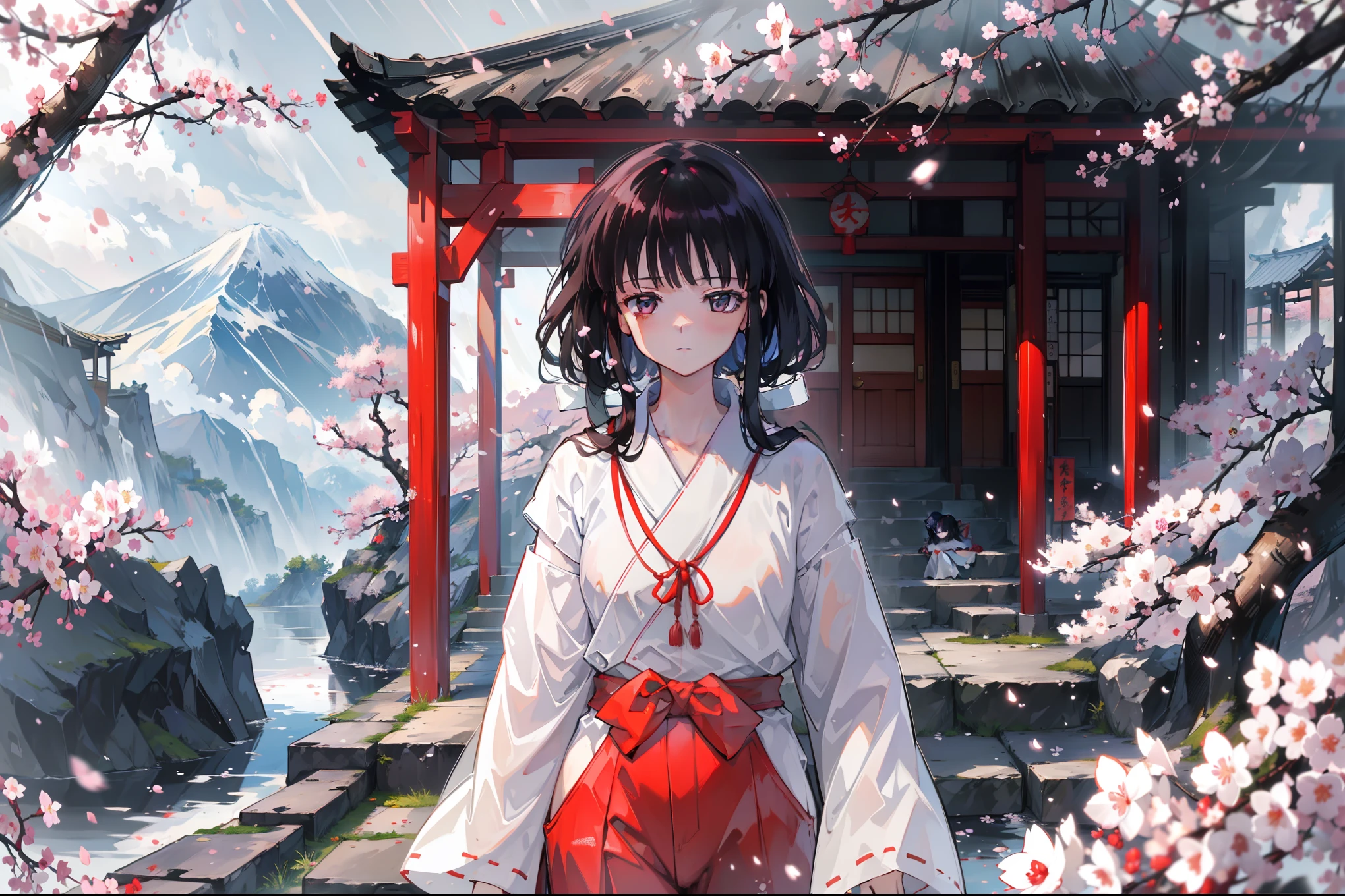 (masterpiece), best quality, have expressed, is a perfect face, 1 girl, (独奏), Platycodon, skinny, side lock, blunt_hair, Red miko dress, elegant,Japanese traditional clothing,imagine,alone, temple, japanese architecture，best quality，masterpiece，extremely，Eye focus beautiful eyes, anime characters,woman,alone, Standing on the top of the mountain，cloud, Mountain, rain, (Cherry blossoms:1.3), day, high resolution, looking at the audience, (32k wallpapers)