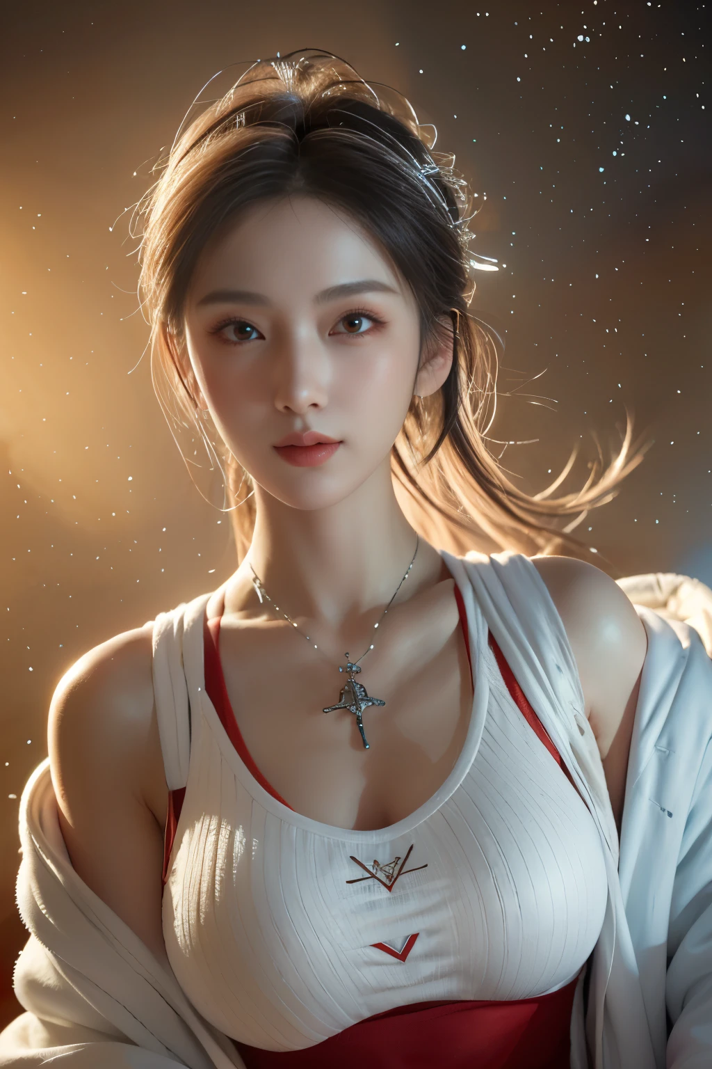 Masterpiece,Game art,The best picture quality,Highest resolution,8K,(A bust photograph),(Portrait),(Head close-up),(Rule of thirds),Unreal Engine 5 rendering works,
20 year old girl,Short hair details,With long bangs,(white hair),red eyes,Elegant and elegant,(Large, full breasts),(Wearing a white coat,Red suspender underwear),shut your mouth,serious yet charming,(scholar),photo poses,Sci-fi style laboratory,white room,
Movie lights，Ray tracing，Game CG，((3D Unreal Engine))，OC rendering reflection pattern