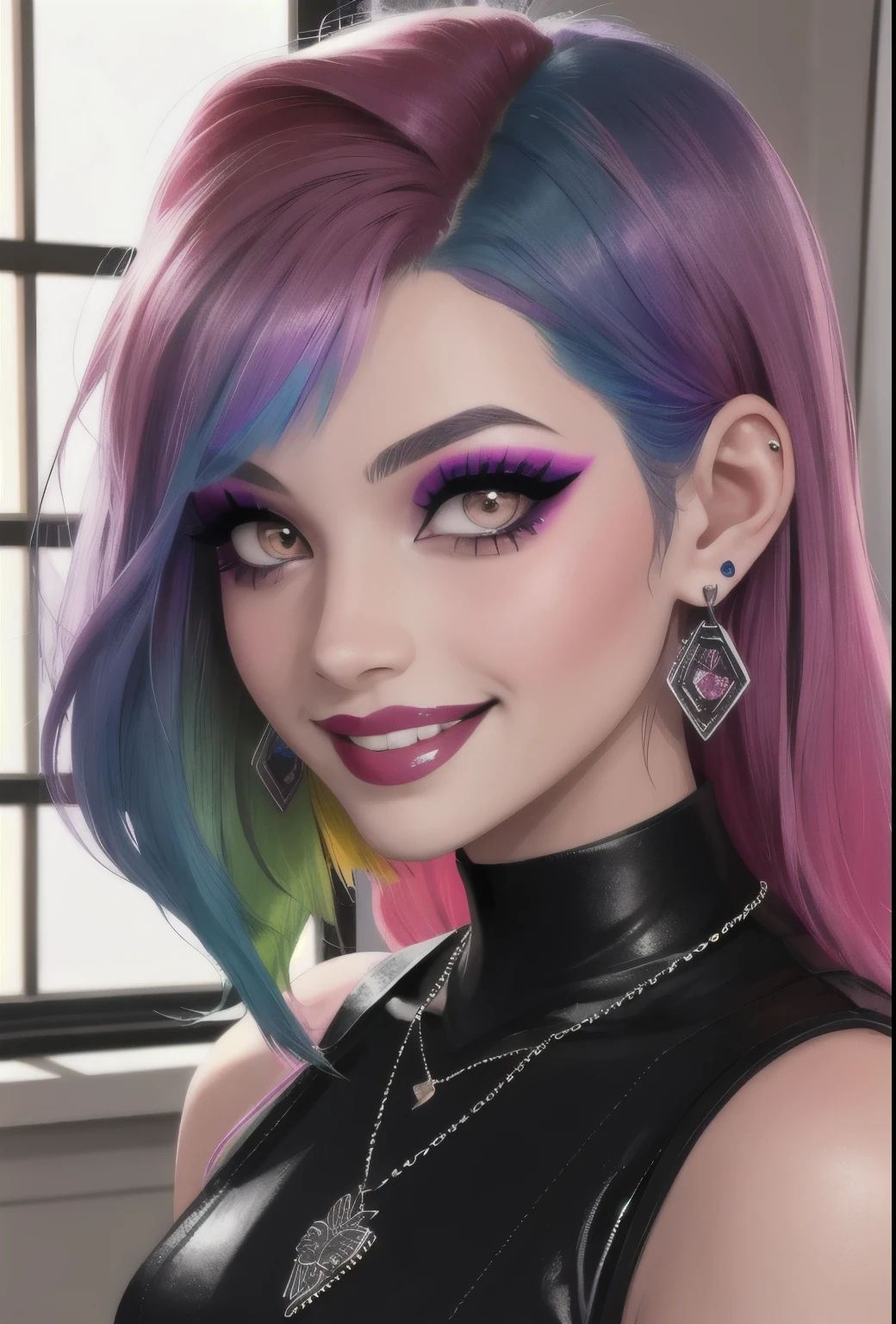 1girl, Holo-Punk Style, rainbow hair, earrings, eyelashes, grin, indoors, jewelry, lips, makeup, necklace, goth