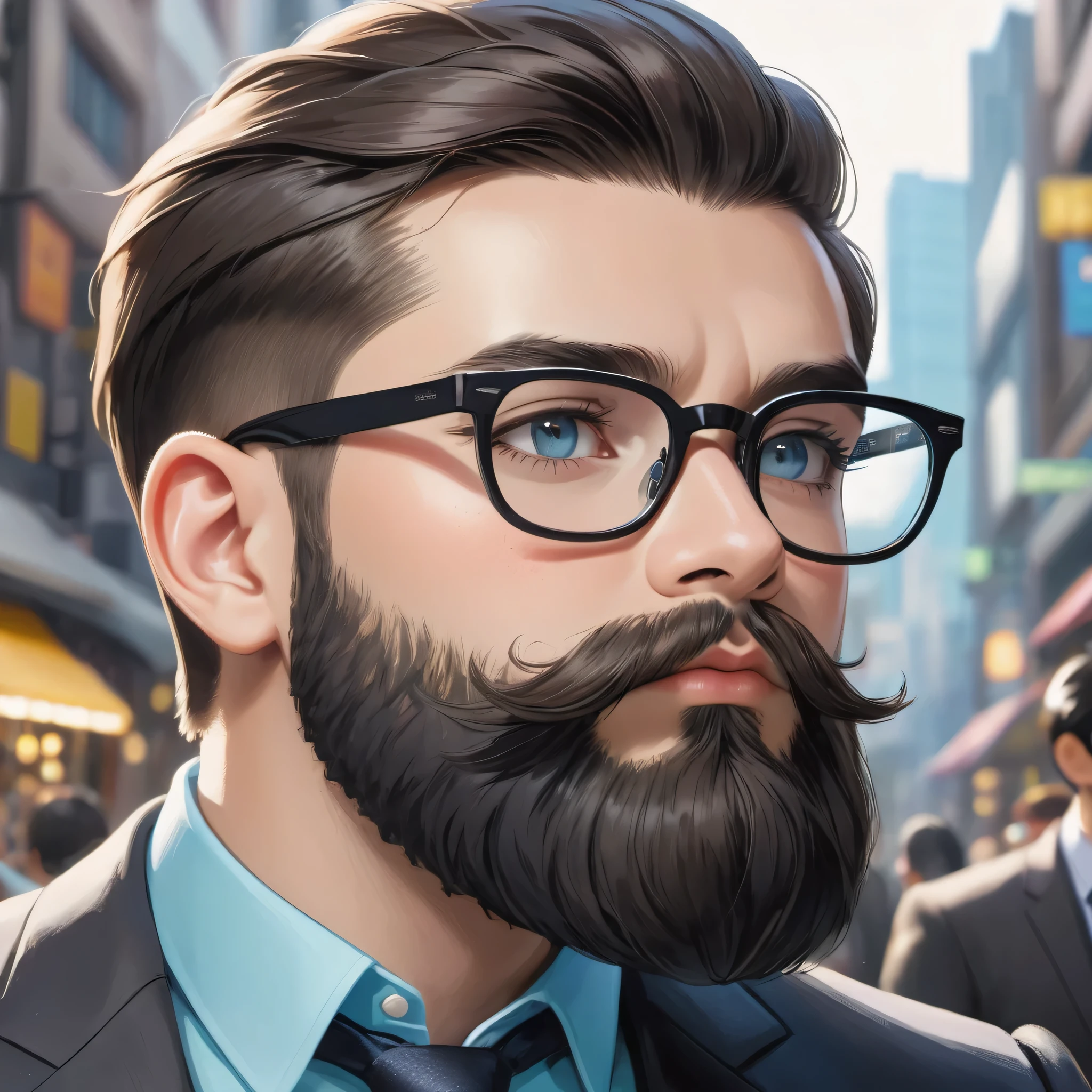 25 year old boy,( thick beard mastech ),sharp cut hair style, glasses, wearing black suit and pastel blue shirt fair skin,thick round face,closeup selfie profile photo, ultra high quality resolutions,8k details, potrait,