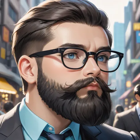 25 year old boy,( thick beard mastech ),sharp cut hair style, glasses, wearing black suit and pastel blue shirt fair skin,thick ...