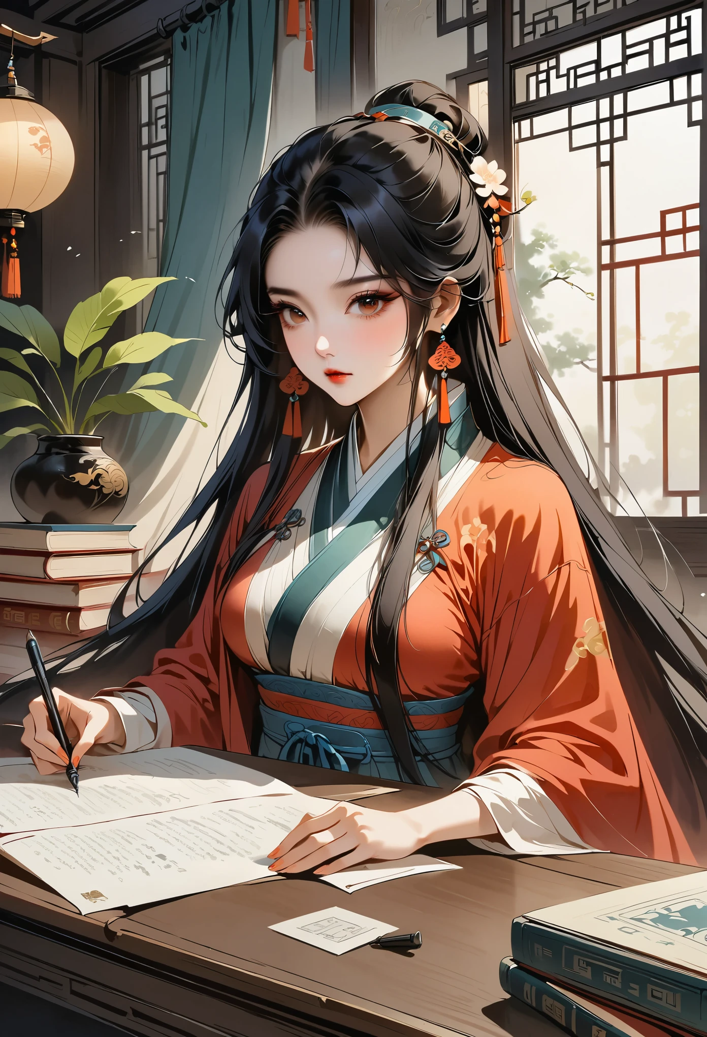 The beauty of Song Dynasty China，There is a table in front of her，There is a cat under the table。There was a stack of books on the table，Pen, ink and paper，：1.2，advanced，large windows，many plants，There is a moon at night