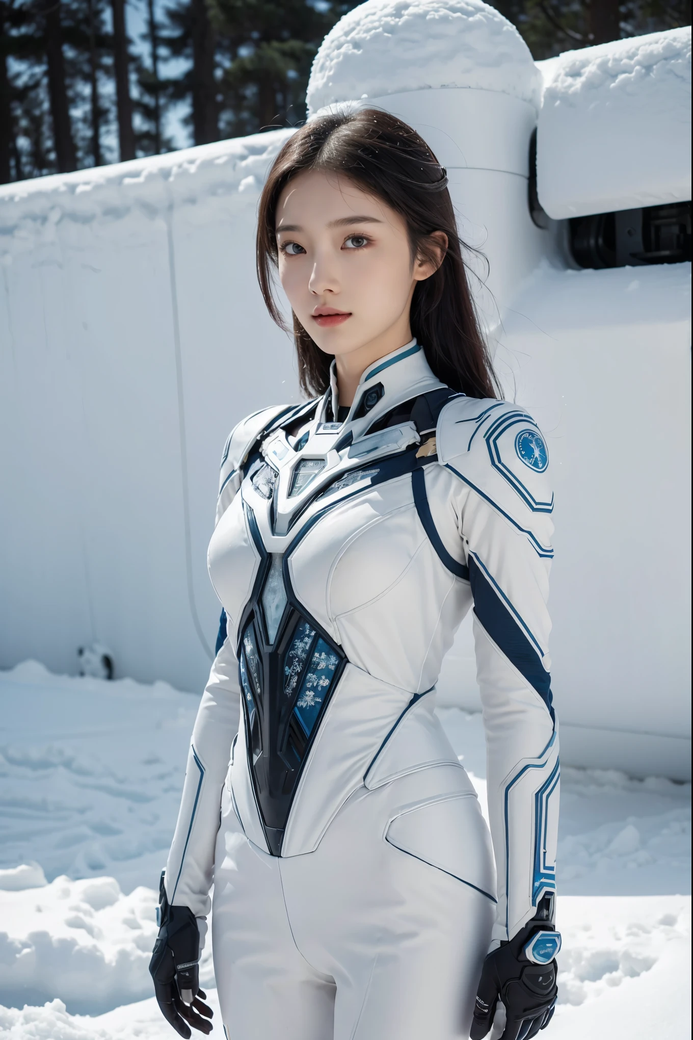 1 girl, Lovely, Ice and Snow World, alone, skinny, wind, Mecha suit, whole body, pretty face, Decorated with intricate patterns and delicate lines, Mecha suit,