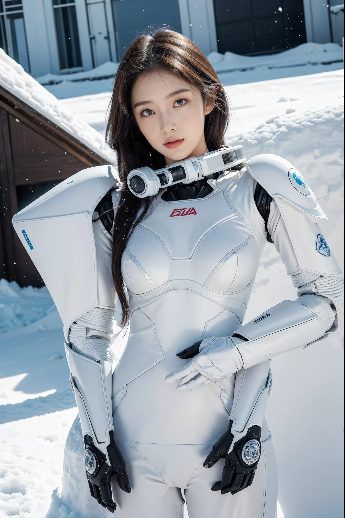 1 girl, Lovely, Ice and Snow World, alone, skinny, wind, Mecha suit, whole body, pretty face, Decorated with intricate patterns and delicate lines, Mecha suit,