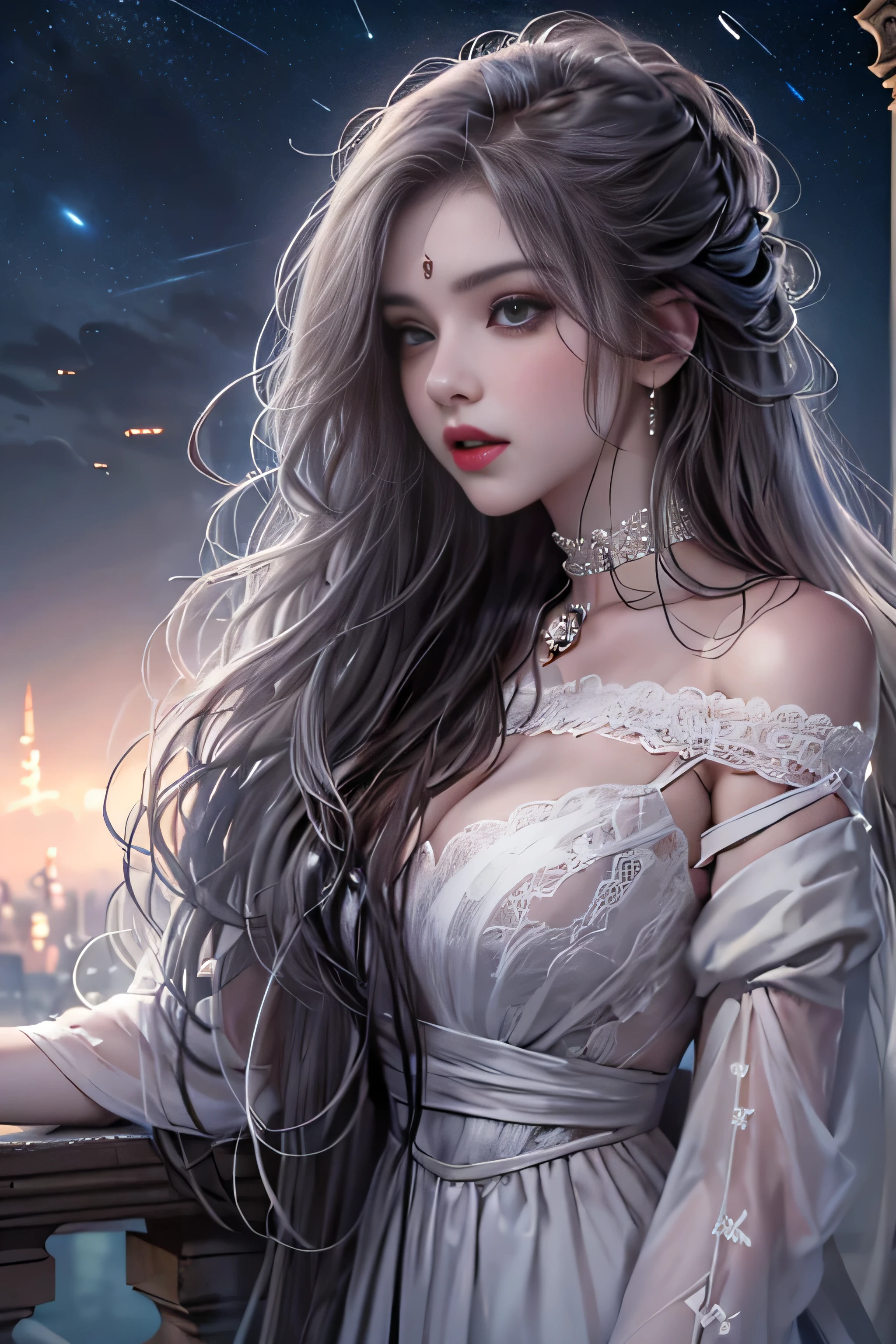 (girl standing on the balcony of the palace)girl portrait photography, realistic, High resolution, 1 female, alone, Upper body, beautiful eyes, Close your lips, detailed face, gray hair, long hair, (off shoulder white lace long dress) ,(There is a slit up to the waist.),fur coat, stockings,(night sky full of stars)