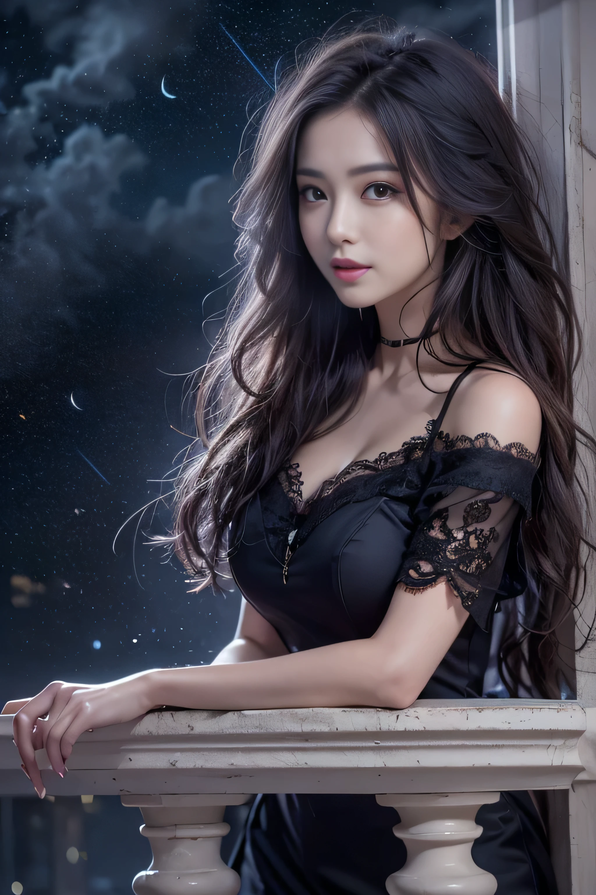 (girl standing on the balcony of the palace)girl portrait photography, realistic, High resolution, 1 female, alone, Upper body, beautiful eyes, Close your lips, detailed face, gray hair, long hair, (off shoulder black lace long dress) ,(There is a slit up to the waist.),fur coat, stockings,(night sky full of stars)